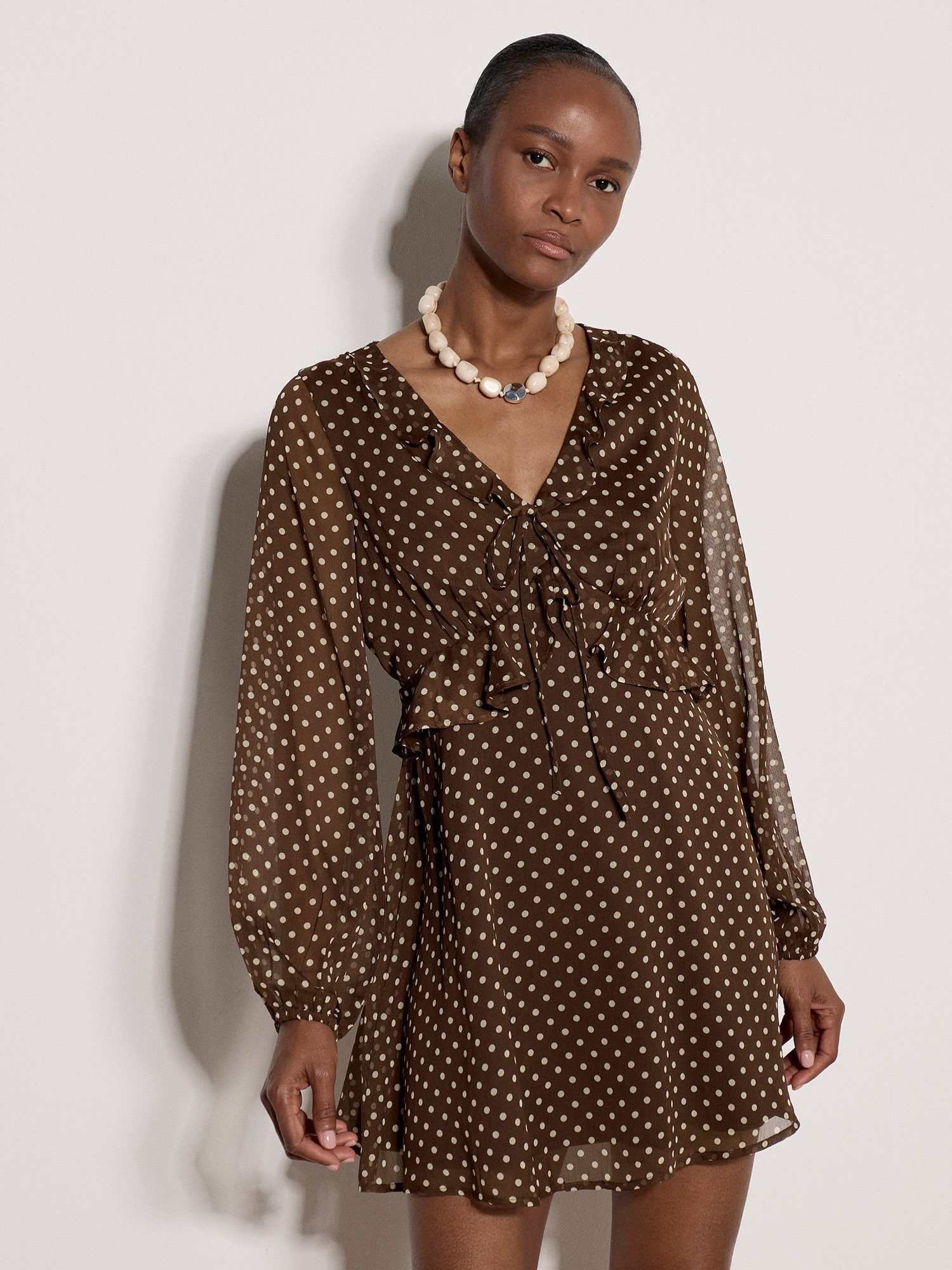 Apricot Minikleid Mini-Kleid aus Chiffon mit Polka-Dot-Muster und Polka-Dot