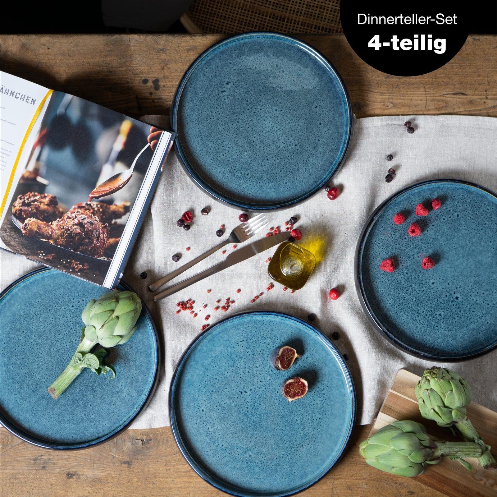 Moritz & Moritz Tafelservice SOLID 4x Dinnerteller Blau (4-tlg), 4 Personen, Steinzeug, Geschirrset zum Servieren