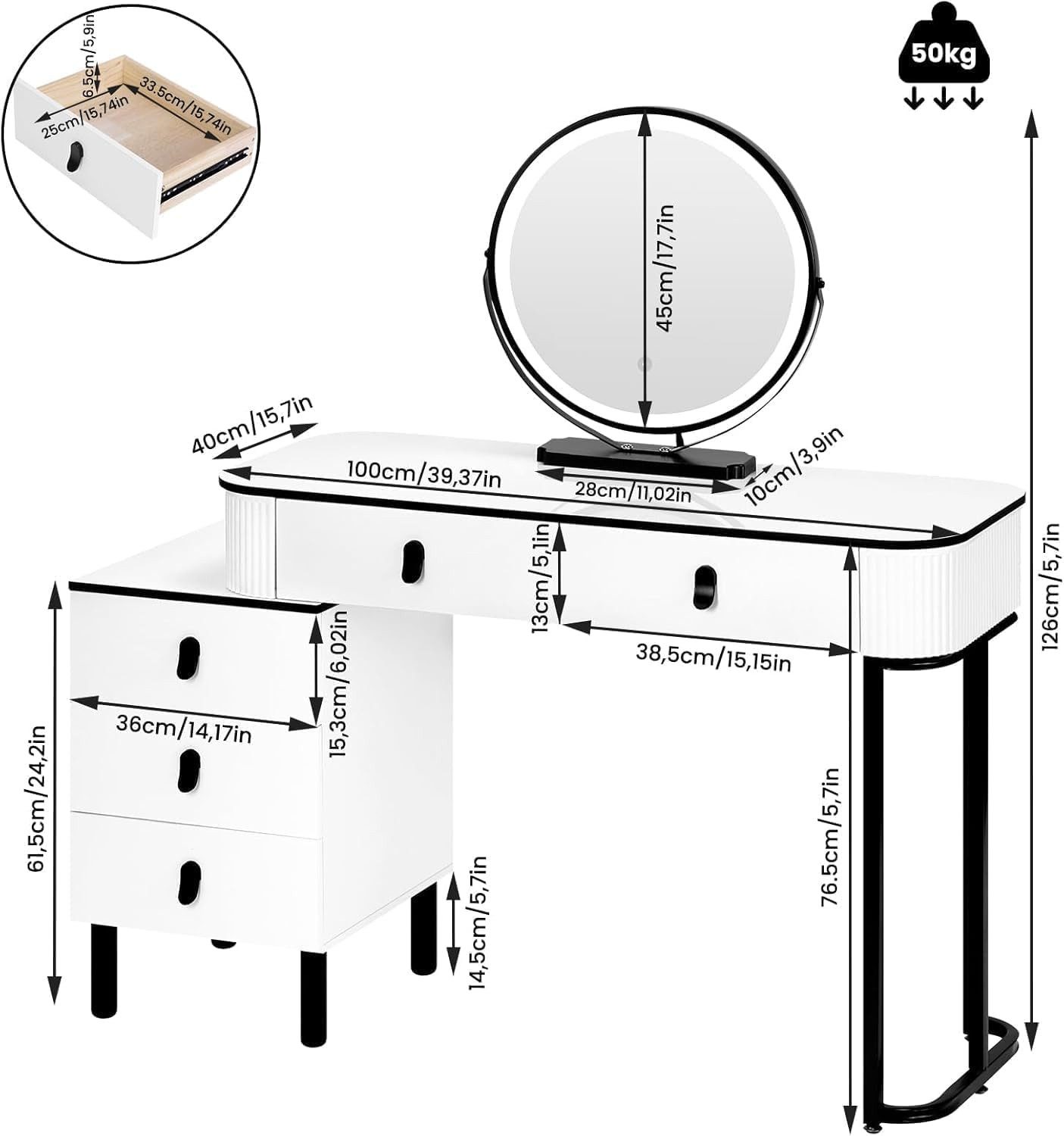 Woltu Schminktisch (1-St), mit Mobiler Spiegel, 2 Schubladen, 1 Seitenschrank