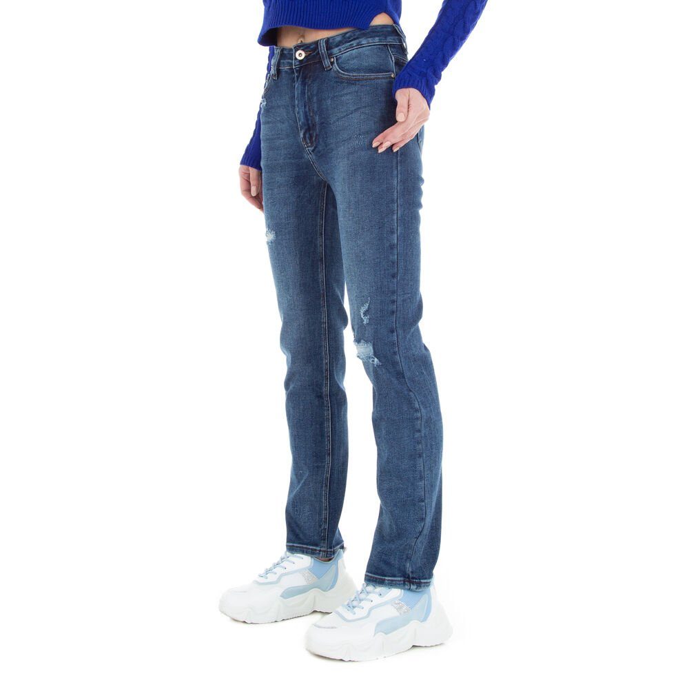Ital-Design Straight-Jeans Damen Freizeit (78554516) Destroyed-Look Stretch Straight Leg Jeans in Blau