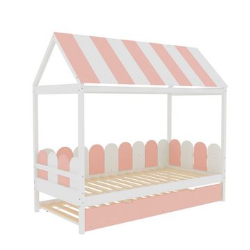 Flieks Kinderbett, Massivholz Hausbett Einzelbett mit Dach und Ausziehbett 90x190cm