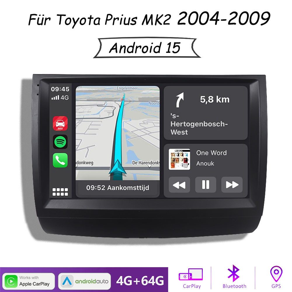 A-Sure 8Core 4+64G Android 15 Navi Carplay SWC für Toyota Prius MK2 2004-2009 Autoradio (Digitalradio (DAB), FM, AM, 1280*800 IPS Screen/8-Core CPU)