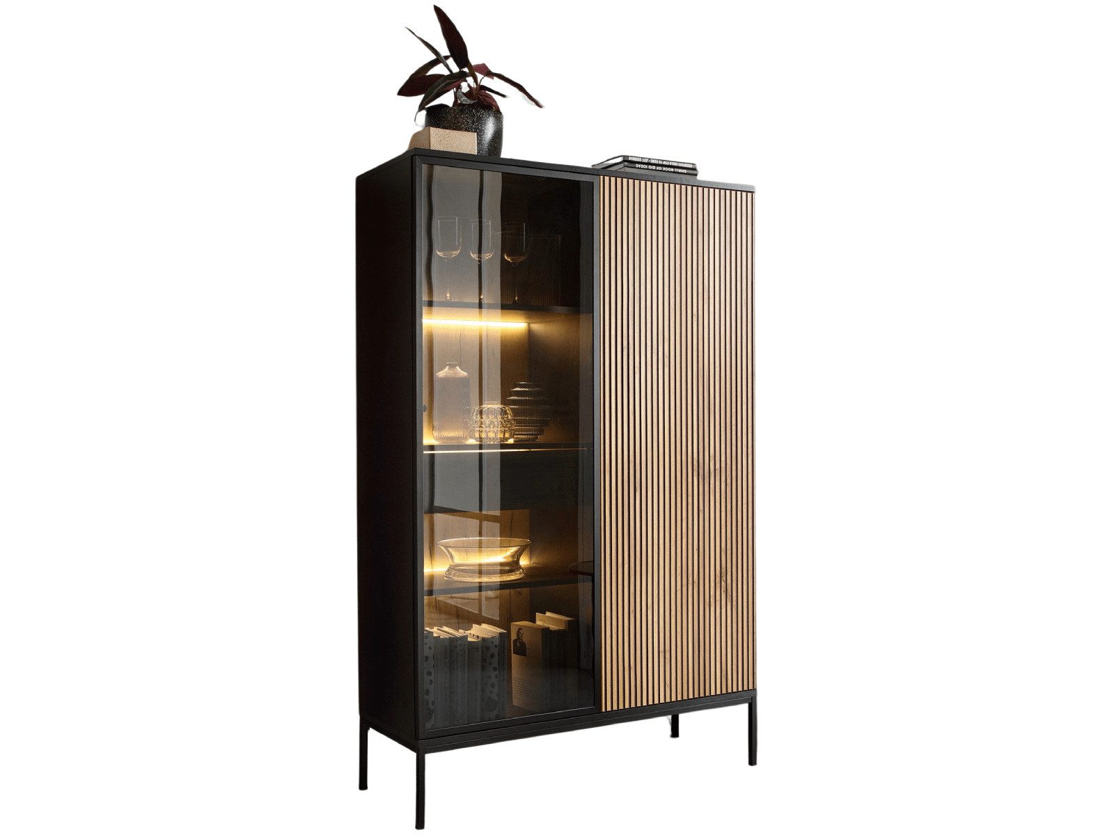 yourhouse24 Vitrine SANTIA 104 cm Industrial-Vitrine – Eiche & Schwarz mit LED