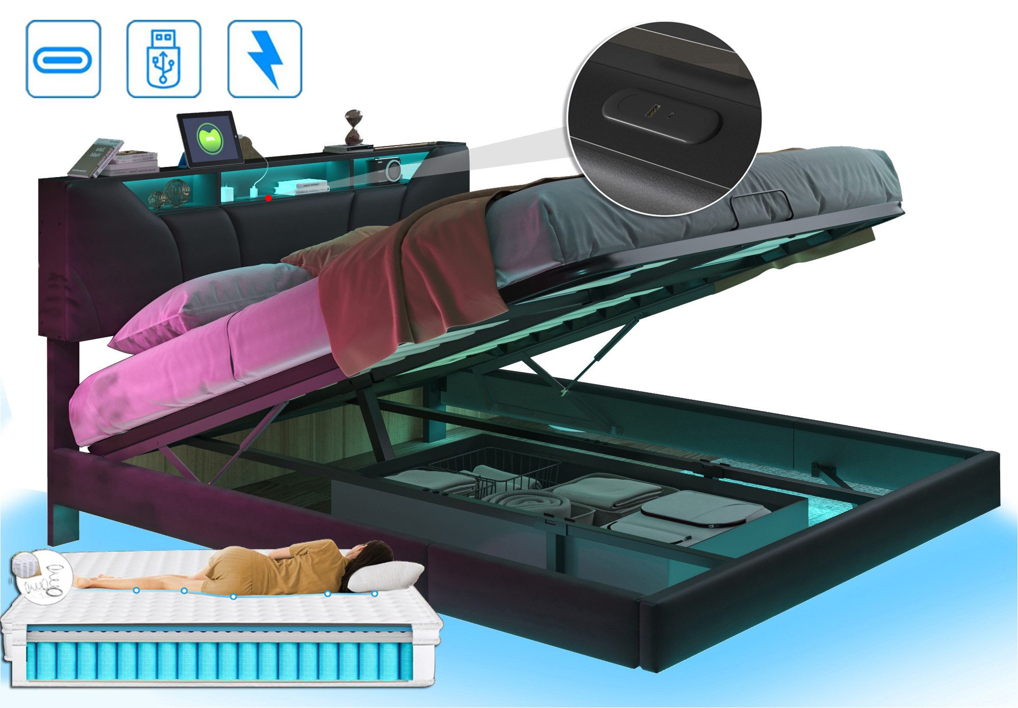 FUROKOY Polsterbett Doppelbett Stauraumbett mit Hydraulisch günstig online kaufen
