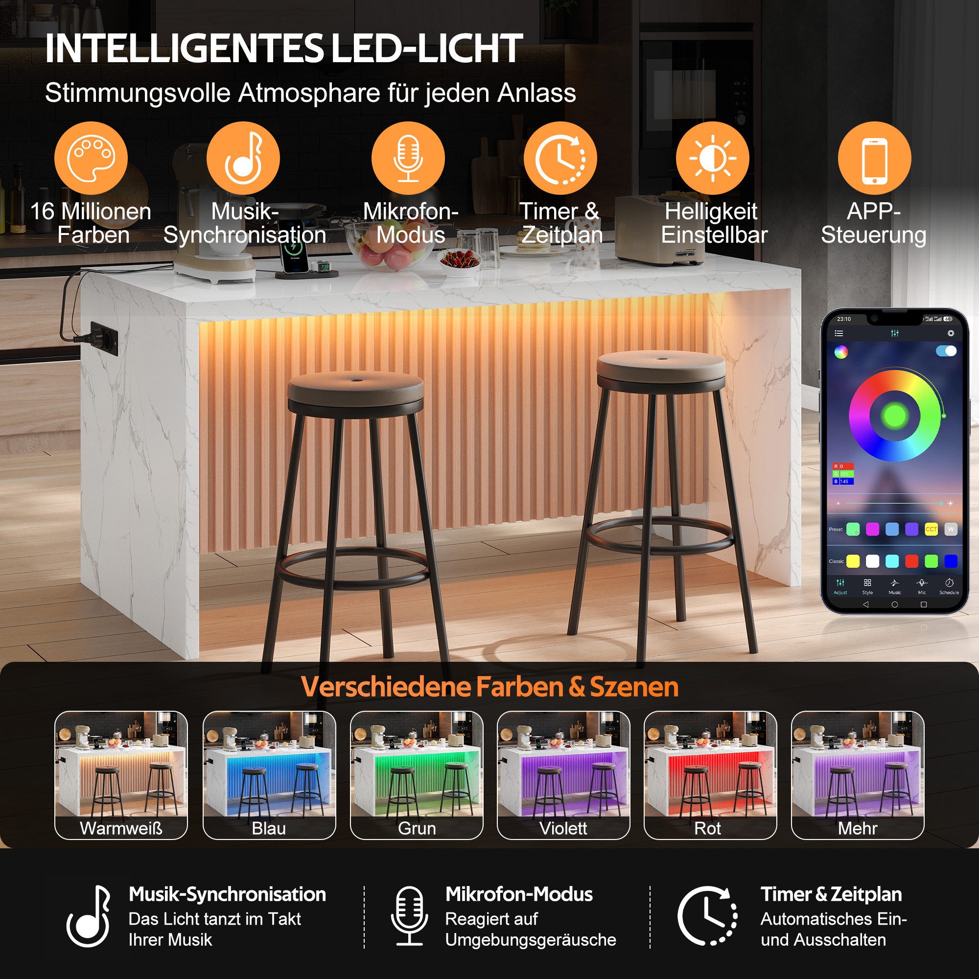 Celya Kücheninsel 155x80x90cm, mit LED-Beleuchtung, 2 Steckdosen und 2 USB, (40mm starke Arbeitsplatte, im Industrie-Design), Hocker nicht im Lieferumfang enthalten