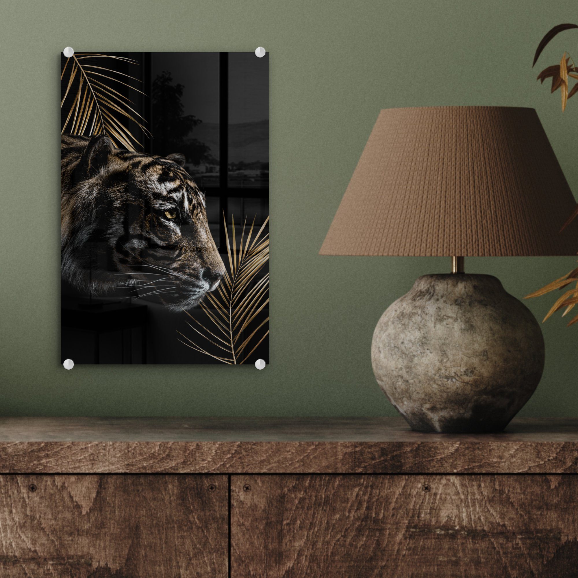 Glas - MuchoWow Wandbild Glasbilder Wanddekoration - Pflanzen, Acrylglasbild Seitenansicht Bilder Foto Glas - auf St), - bunt Tiger (1 auf -