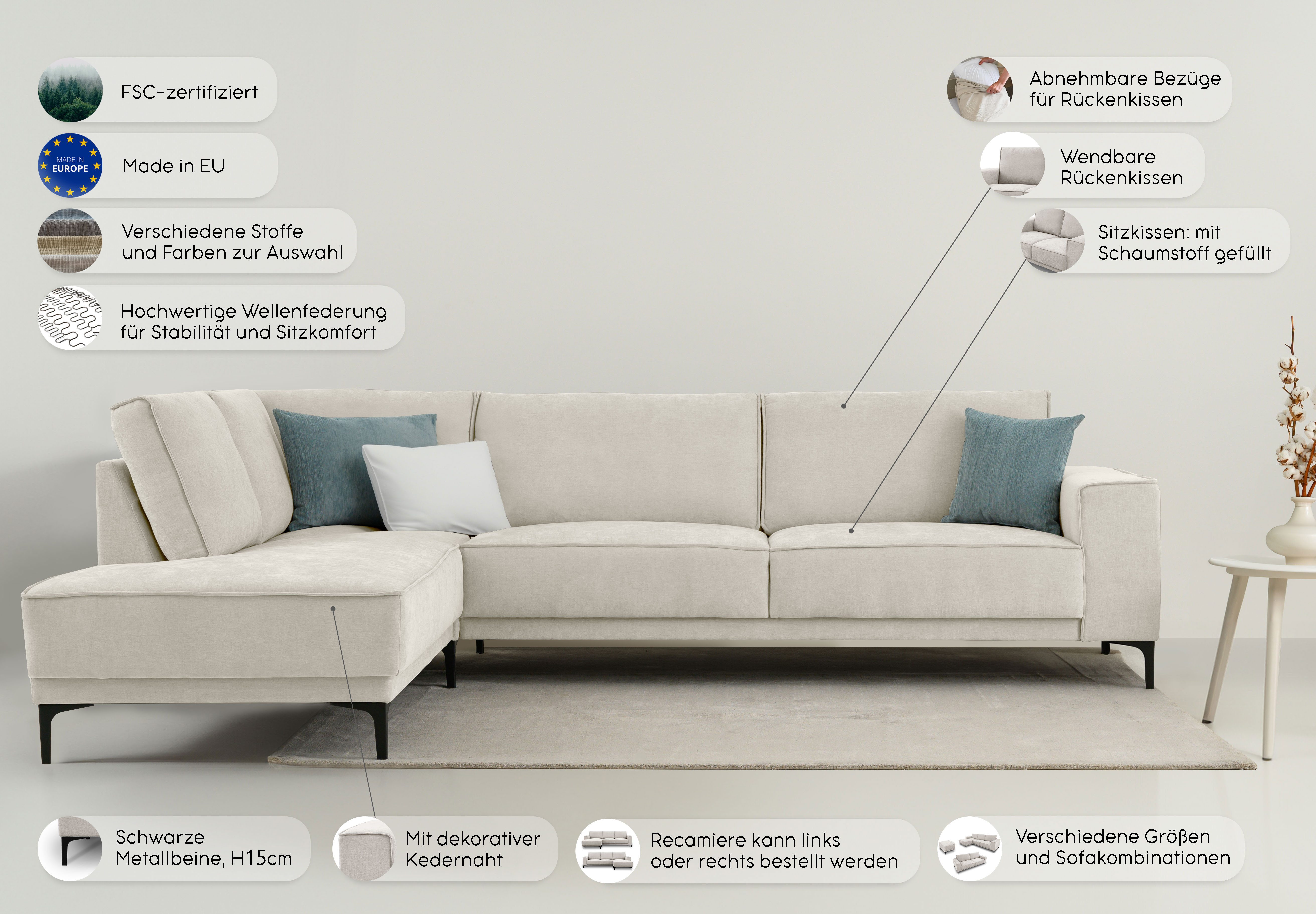 OTTO home Ecksofa OLAND L-Form, B: 289 cm, Skandi-Design, Struktur, Flachgewebe, Luxus-Microfaser, Boucle