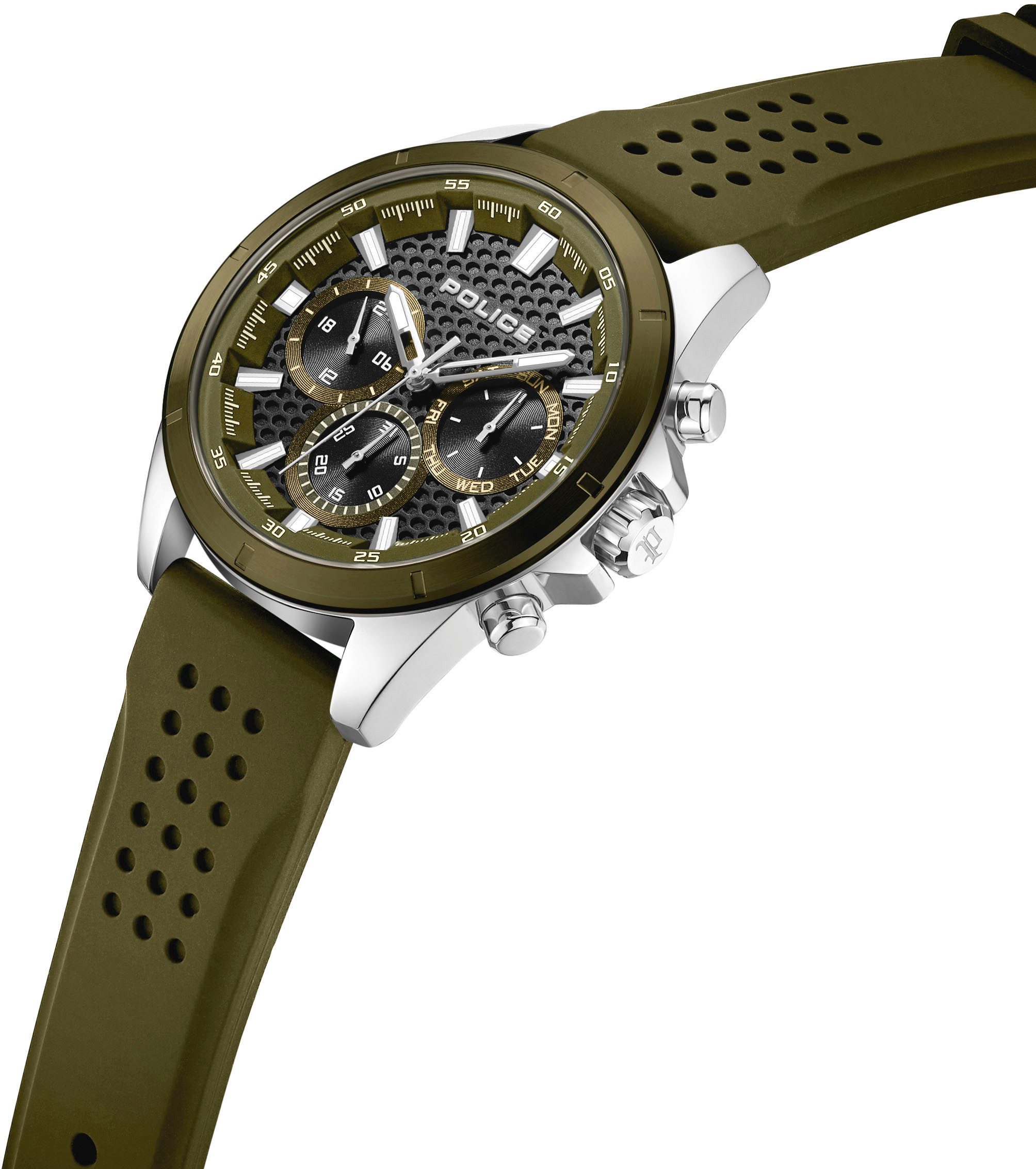 Police Multifunktionsuhr MOTION PEWJQ2204111, Quarzuhr, Armbanduhr, Herrenuhr, Silikonarmband, analog, Wochentag