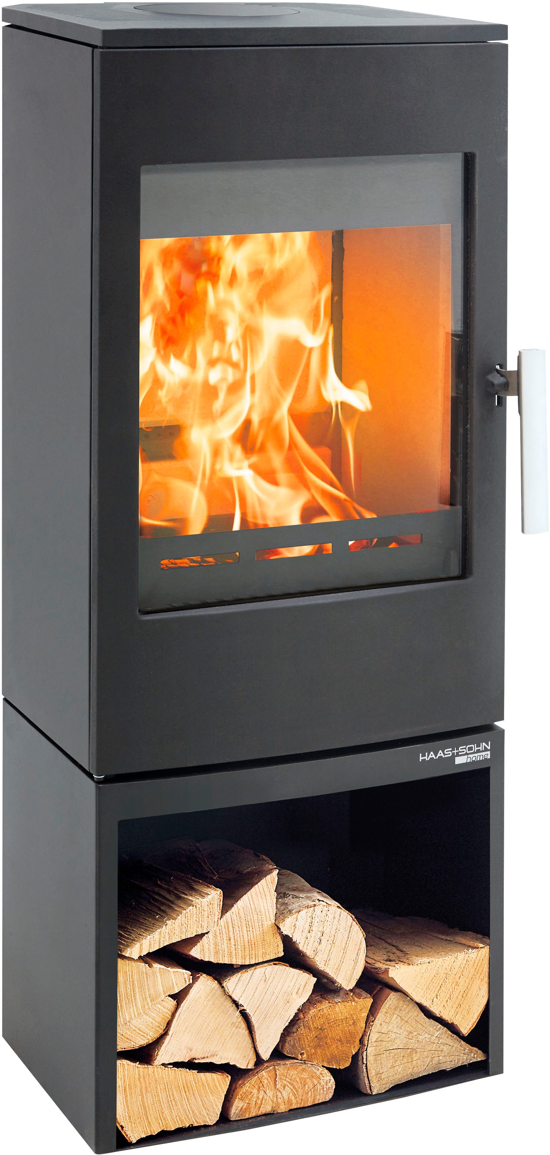 Haas + Sohn Kaminofen INZELL easy, tief-schwarz mit Holzfach, ohne Türe, Zeitbrand