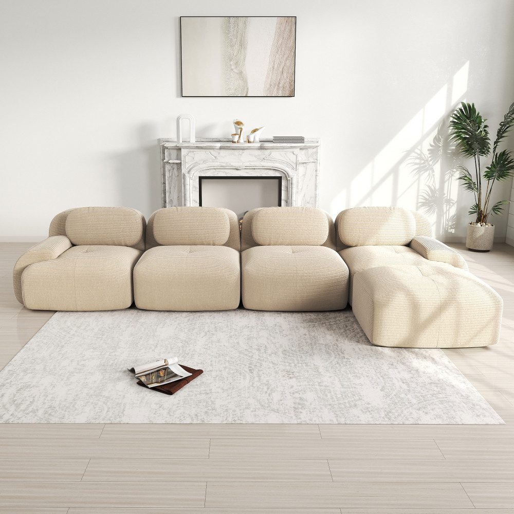 BBWL Sofa 4-Sitzer Ecksofa Cordstoff modular mit Chaiselongue, ohne Montage, 32D hochelastische Polsterung, rutschfest, extra-breite Armlehnen