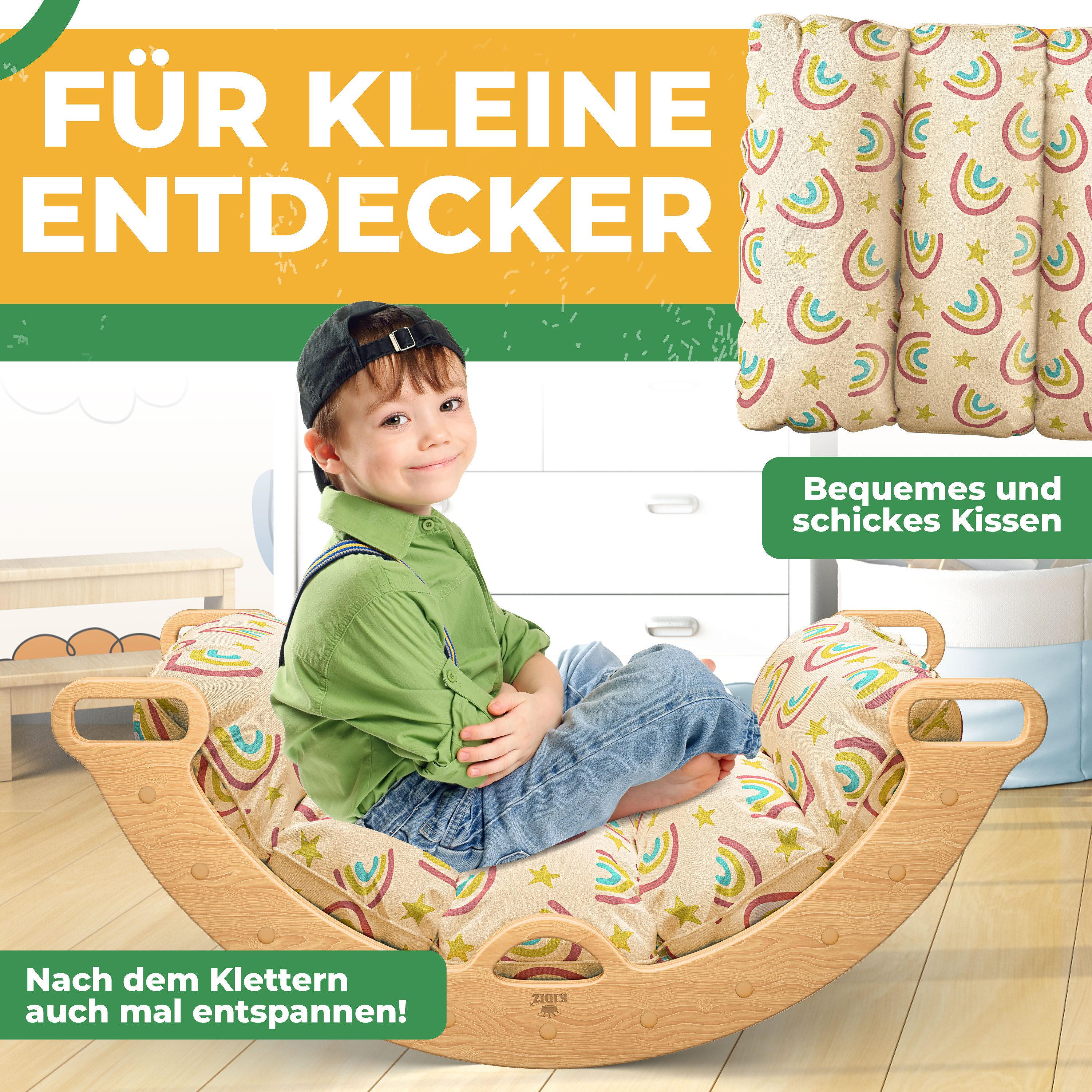 KIDIZ Klettergerüst mit Kletterbogen Montessori 7in1 Spiel-Set aus Holz, (inklusive Rutsche, Kletterdreieck, Kissen, Tafel & Lern-Uhr), Indoor Spielplatz für Kleinkinder ab 1 Jahr & Kinder bis 3 Jahre