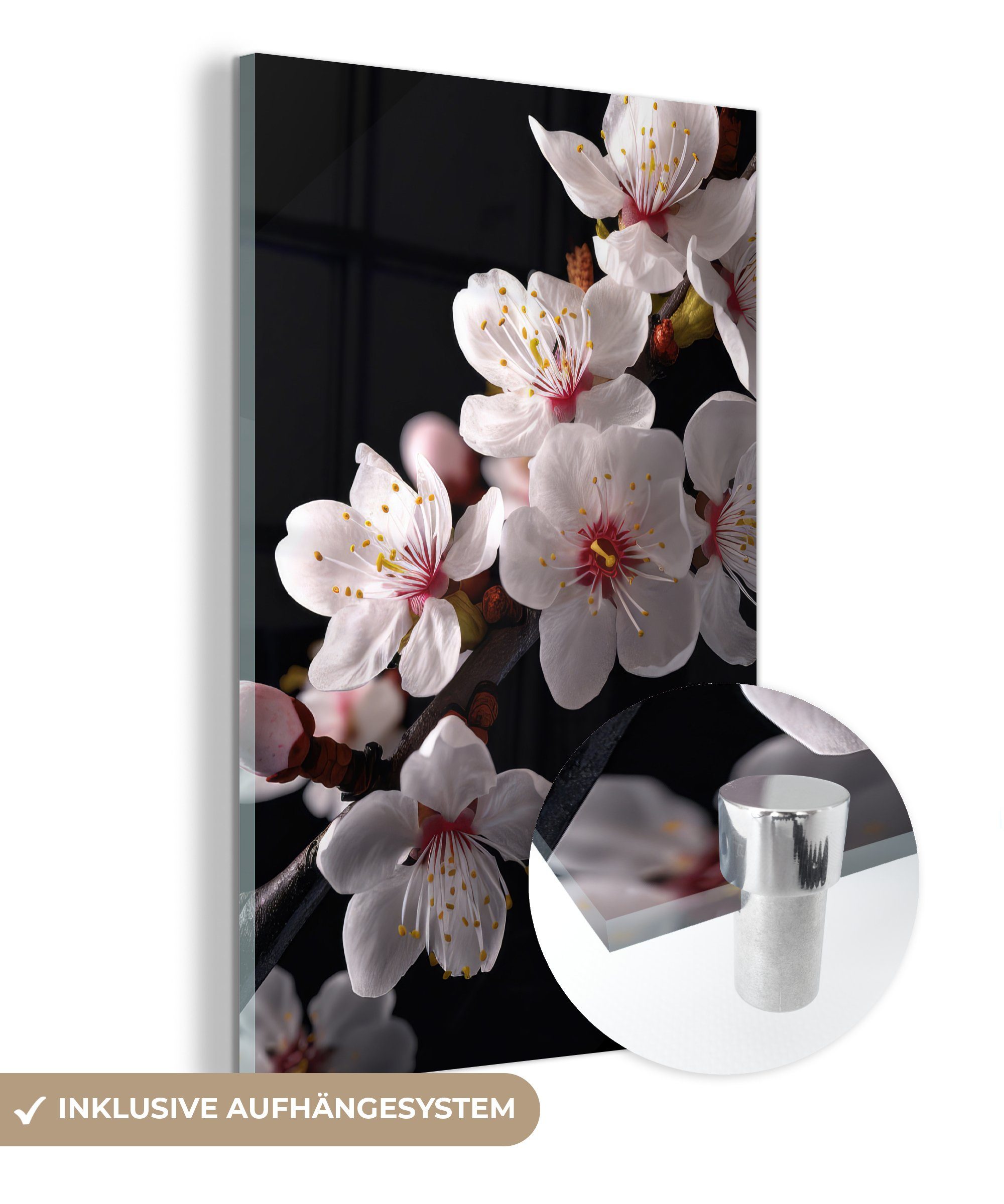 Blumen Foto MuchoWow Wanddekoration - Acrylglasbild Glasbilder Glas - (1 Bilder Glas - - auf - Weiß, - - auf Blütenzweige Sakura Wandbild St), Botanisch