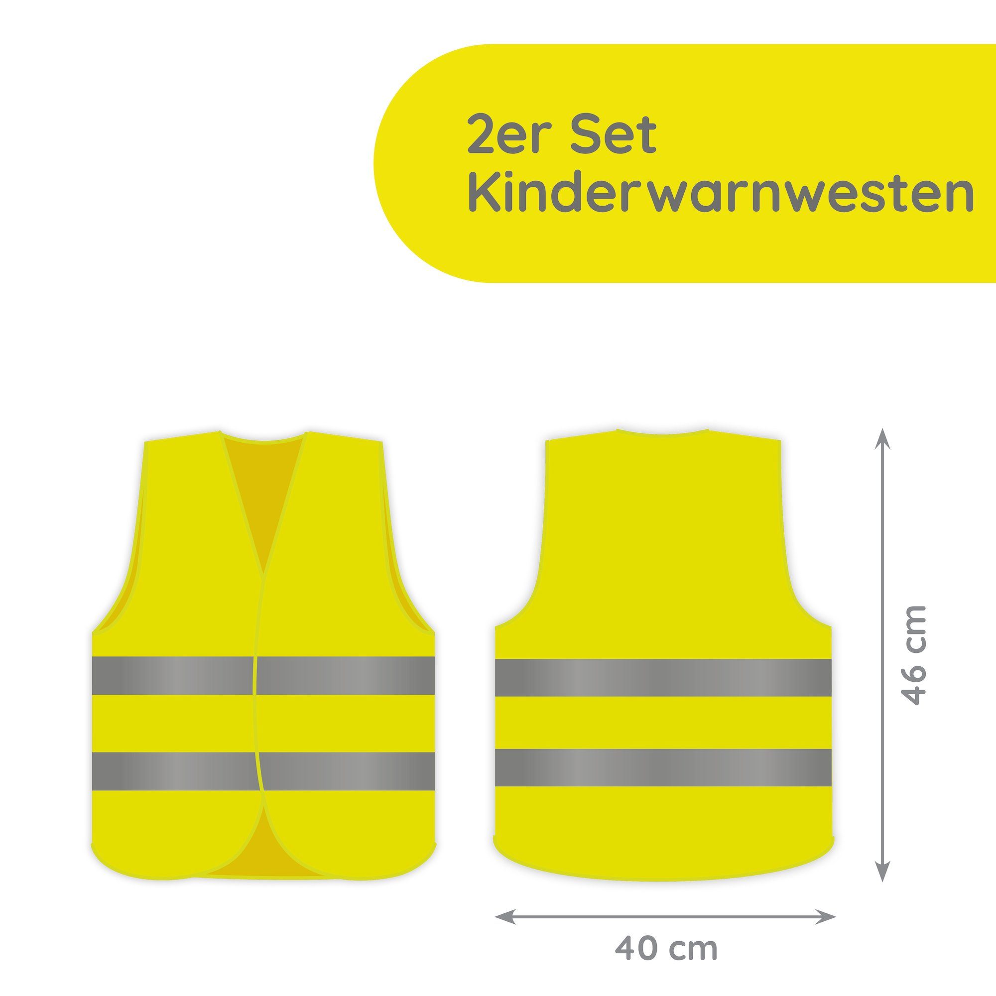 2 FLEXEO Kinderwarnweste (2-tlg) Kinder Sicherheitsweste für Warnweste Straßenverkehr, neongelb, Fahrrad Stück für