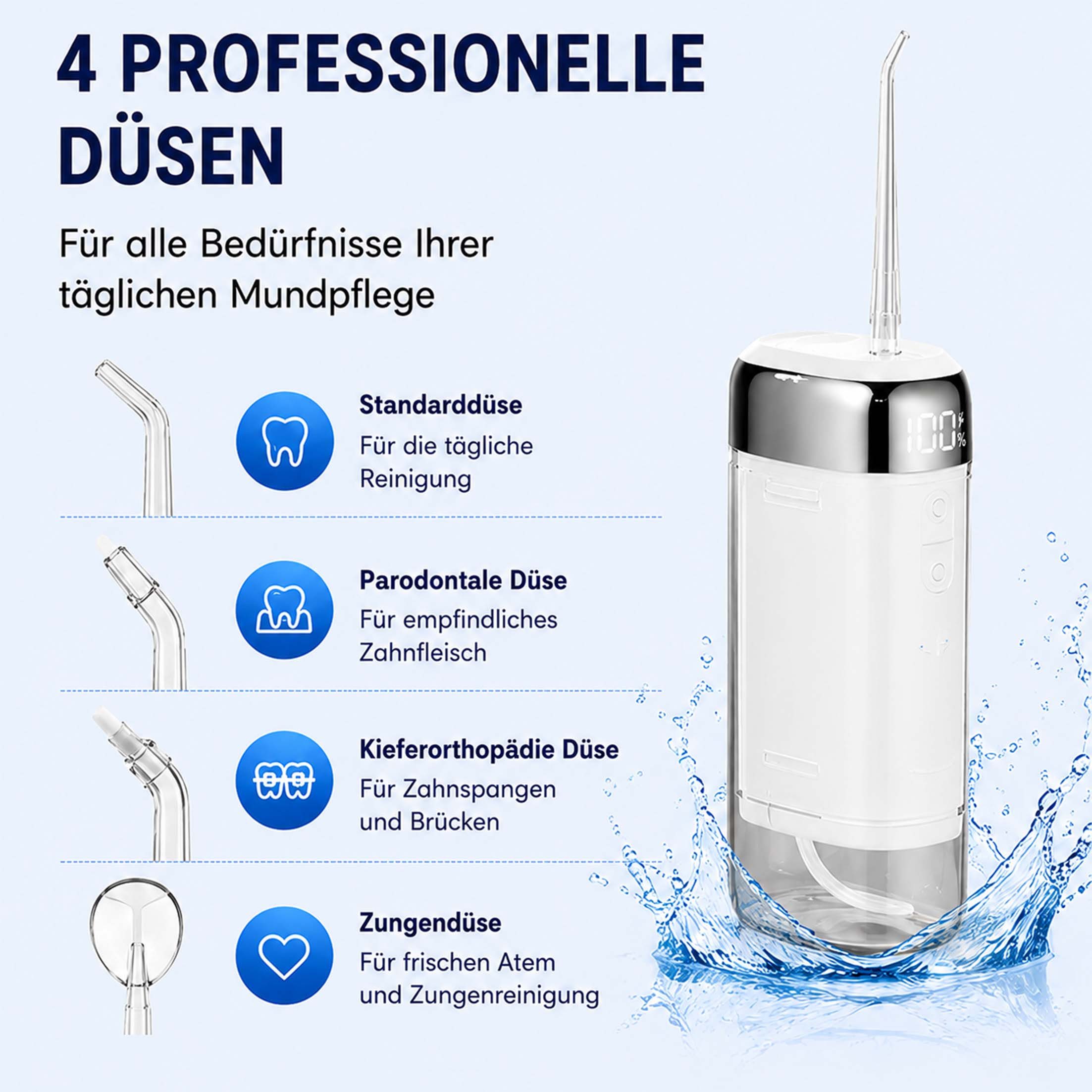 KINSI Munddusche Elektrische Munddusche Kabellos, Tiefenreinigung, 230ml, USB-C, Aufsätze: 4 St., 4 Spezialdüsen, die allen Anforderungen der Mundpflege gerecht werden