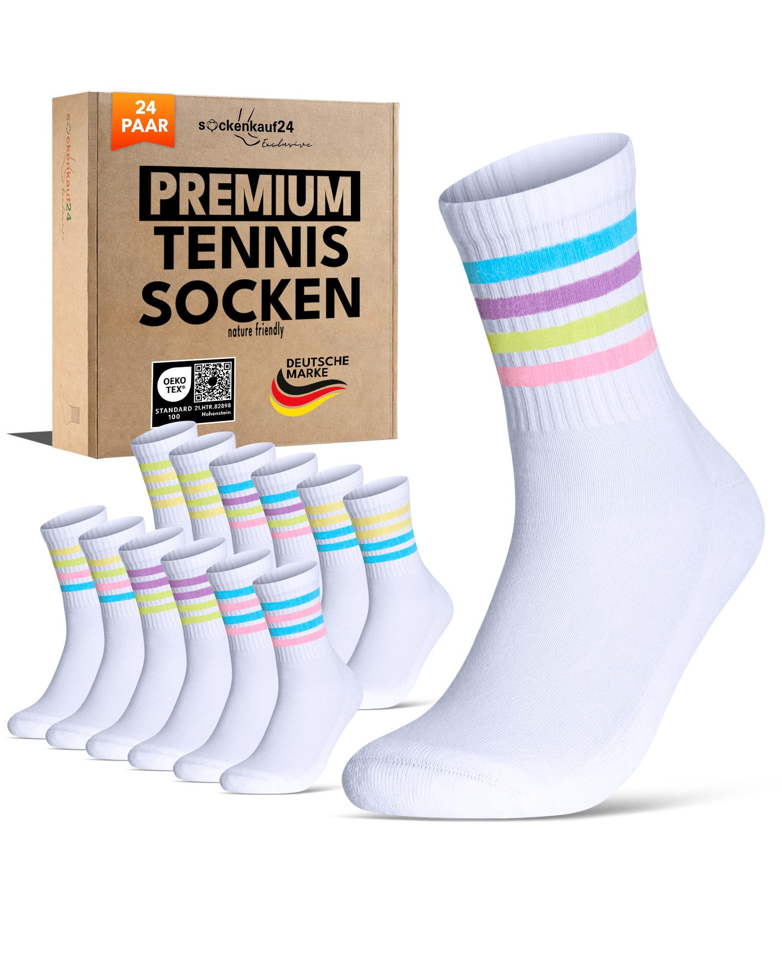 sockenkauf24 Tennissocken Damen Sportsocken Premium Retro Crew Socken mit Komfortbund (24-Paar) verstärkte Ferse & Fußspitze, gepolsterte Sohle, gekämmte Baumwolle