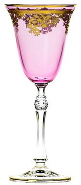 Casa Padrino Weinglas Luxus Barock Weinglas 6er Set Rosa / Gold Ø 9 x H. 21,5 cm - Handgefertigte gravierte und handbemalte Weingläser - Hotel & Restaurant Accessoires - Luxus Qualität