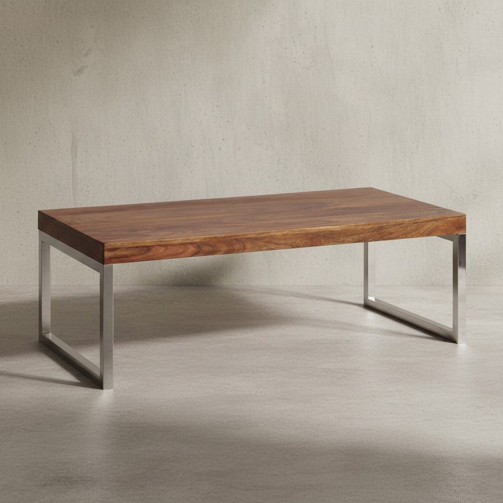 KADIMA DESIGN Couchtisch Handgefertigter Massivholz-Kaffeetisch ISEN mit Chrom Standfüßen