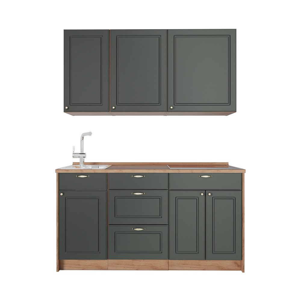Vicco Küchenzeile Fame-Line, Grün-Gold Landhaus/Goldkraft Eiche, 150 cm, AP Eiche