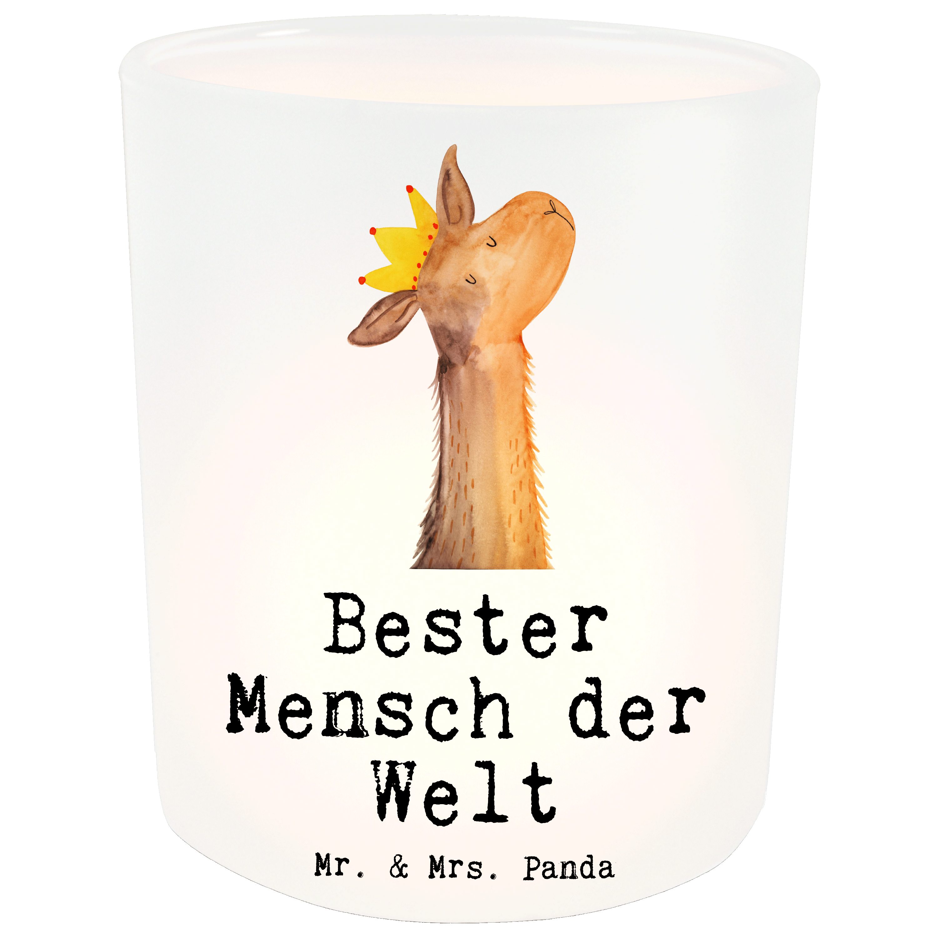 Mr. & Mrs. Panda Windlicht Lama Bester Mensch der Welt - Transparent - Geschenk, Teelichtglas, E (1 St)