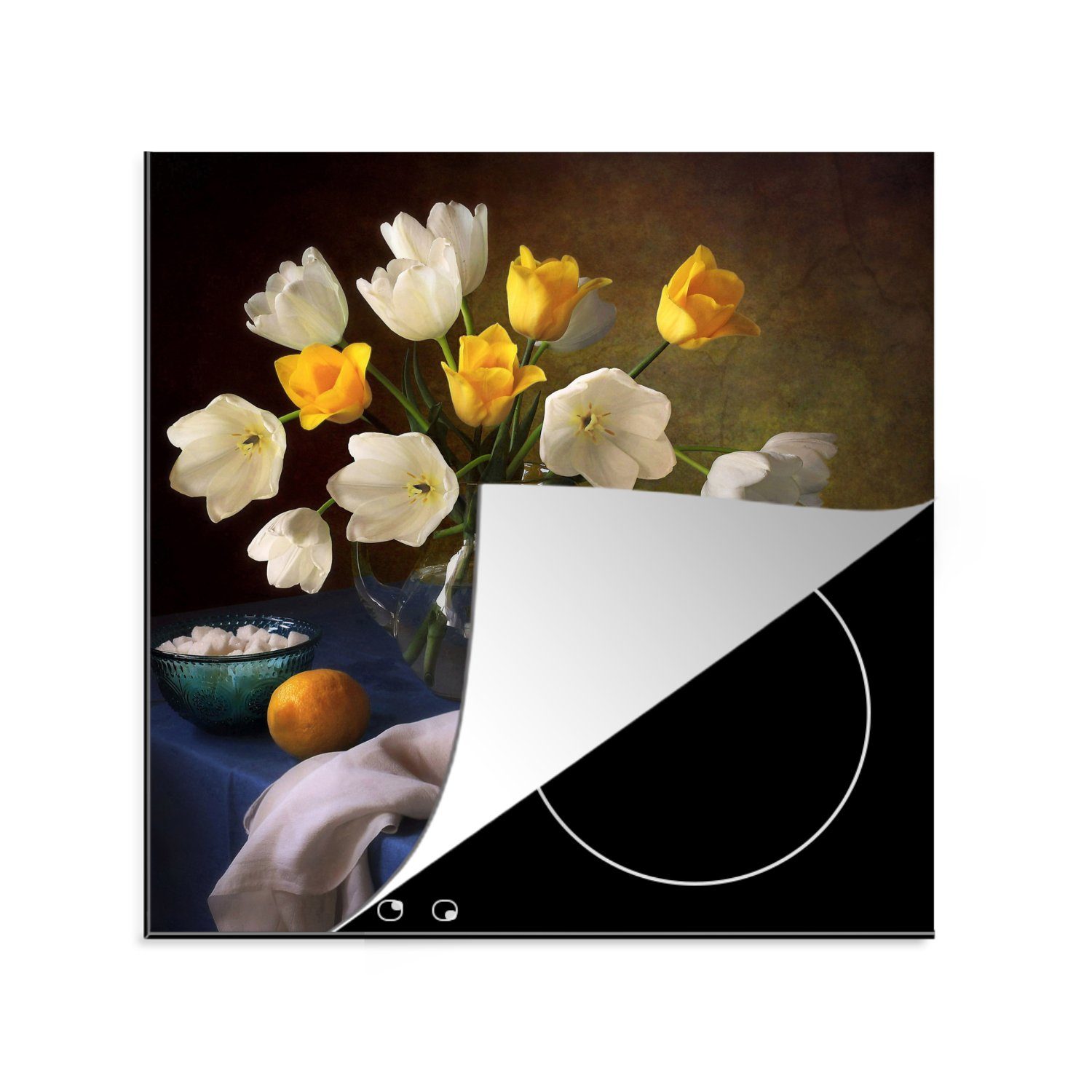 MuchoWow Herdblende-/Abdeckplatte Stilleben - Vase - Obst, Vinyl, (1 tlg), 78x78 cm, Ceranfeldabdeckung, Arbeitsplatte für küche