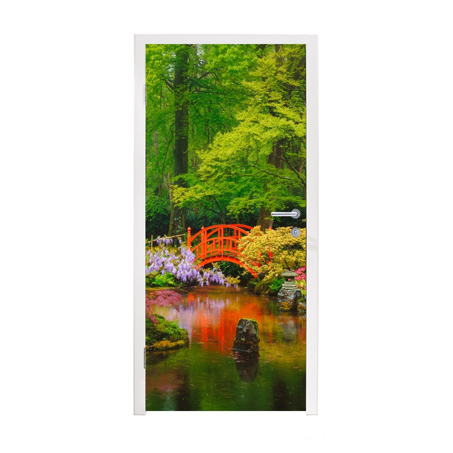 MuchoWow Türtapete Brücke - Japanisch - Botanisch - Bäume - Blumen, Matt, bedruckt, (1 St), Fototapete für Tür, Türaufkleber, 75x205 cm
