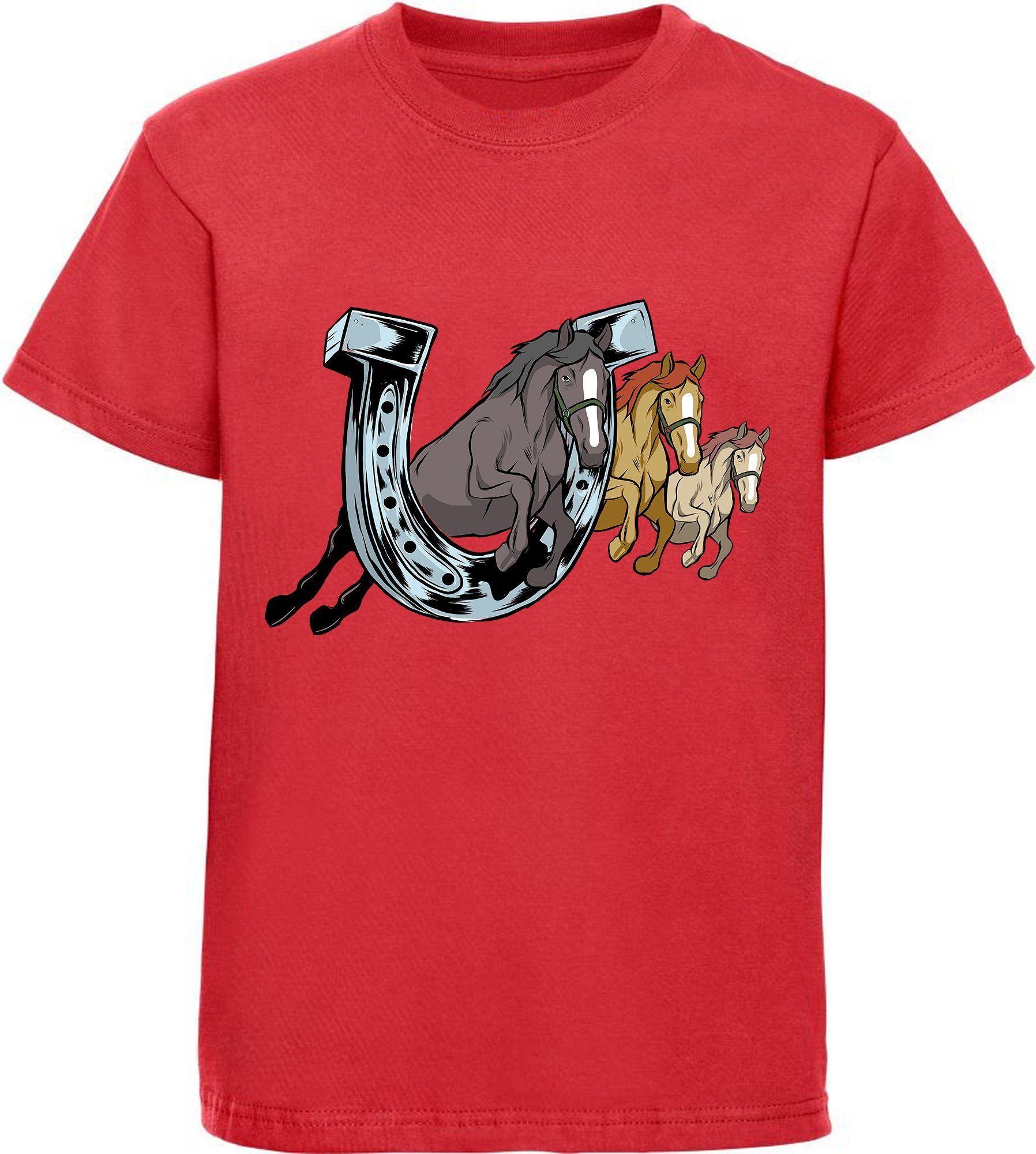 MyDesign24 Print-Shirt bedrucktes Mädchen T-Shirt drei springende Pferde durch ein Hufeisen Baumwollshirt mit Aufdruck, i145 rot
