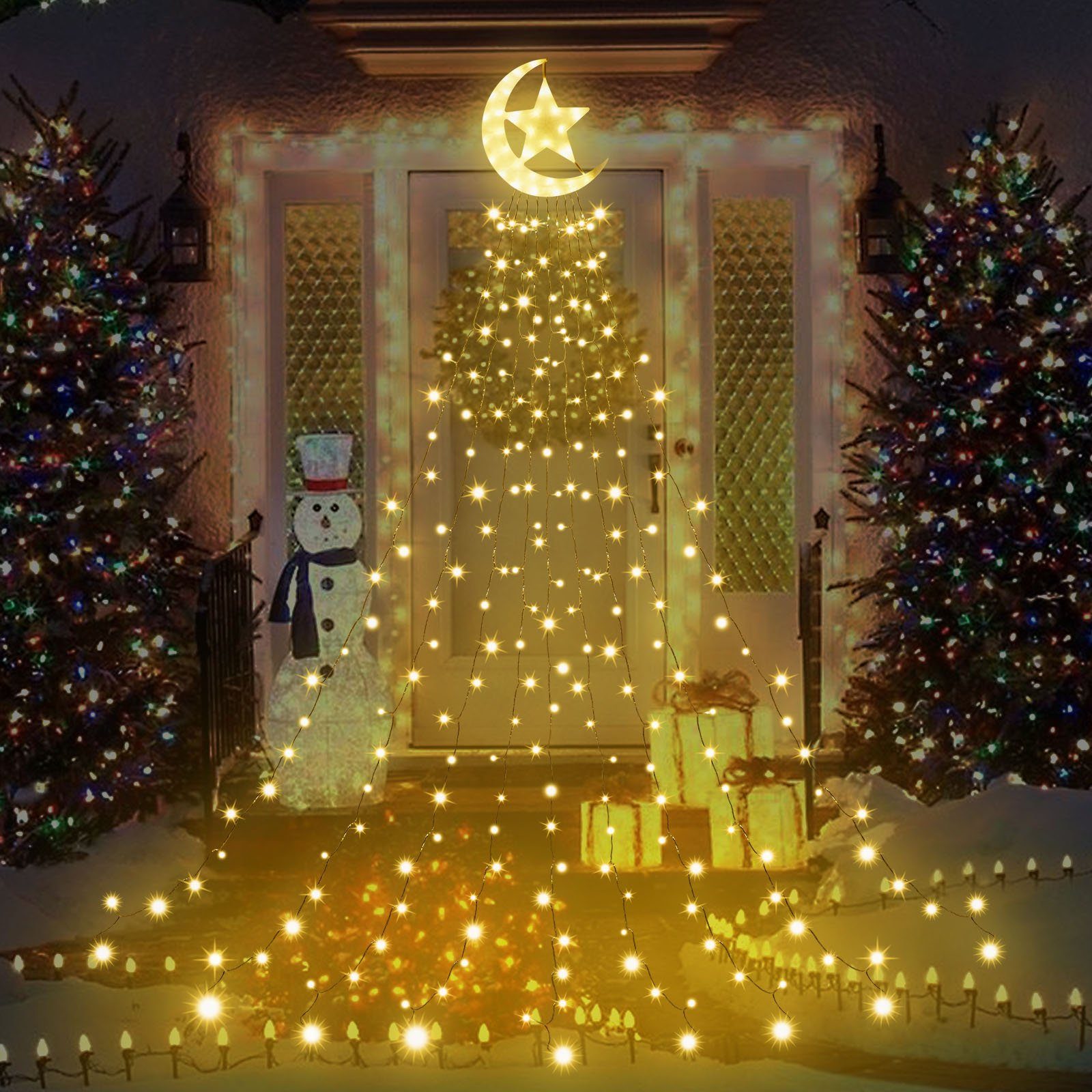 Laybasic LED-Lichterkette LED Weihnachtsbaum Lichterkette mit Topper Moon Star,350 LEDs, 350-flammig, Christbaumbeleuchtung,8-Modi,Timer,IP44 Wasserdicht Warmweiß | Lichterketten
