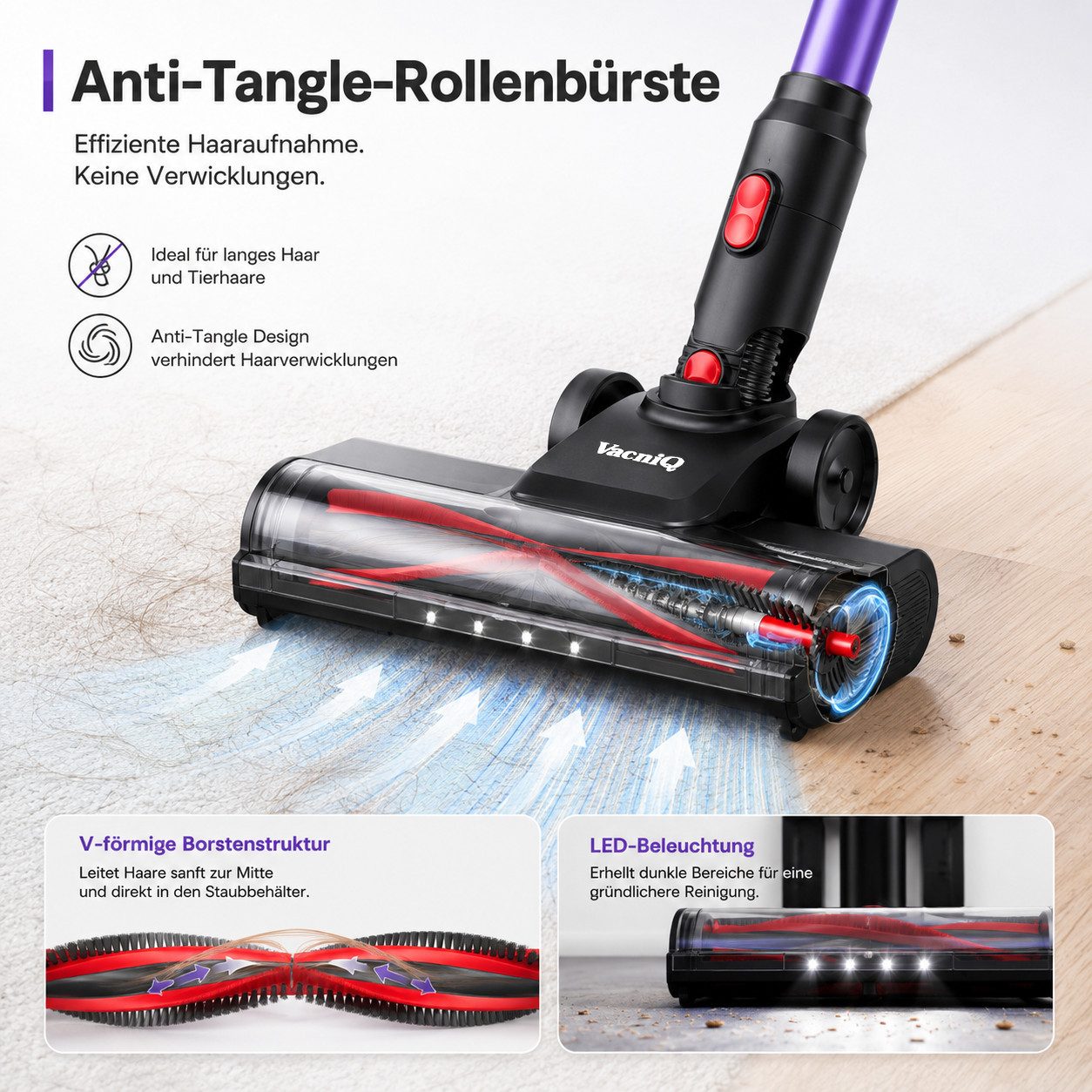 VacniQ Akku-Handstaubsauger kabellos, 35 kPa/465 W Akkusauger beutellos, 0,8 L, Anti-Tangle,LED, 465 W, beutellos, 5-stufiger Filter, für Tierhaare, Teppich & Hartboden