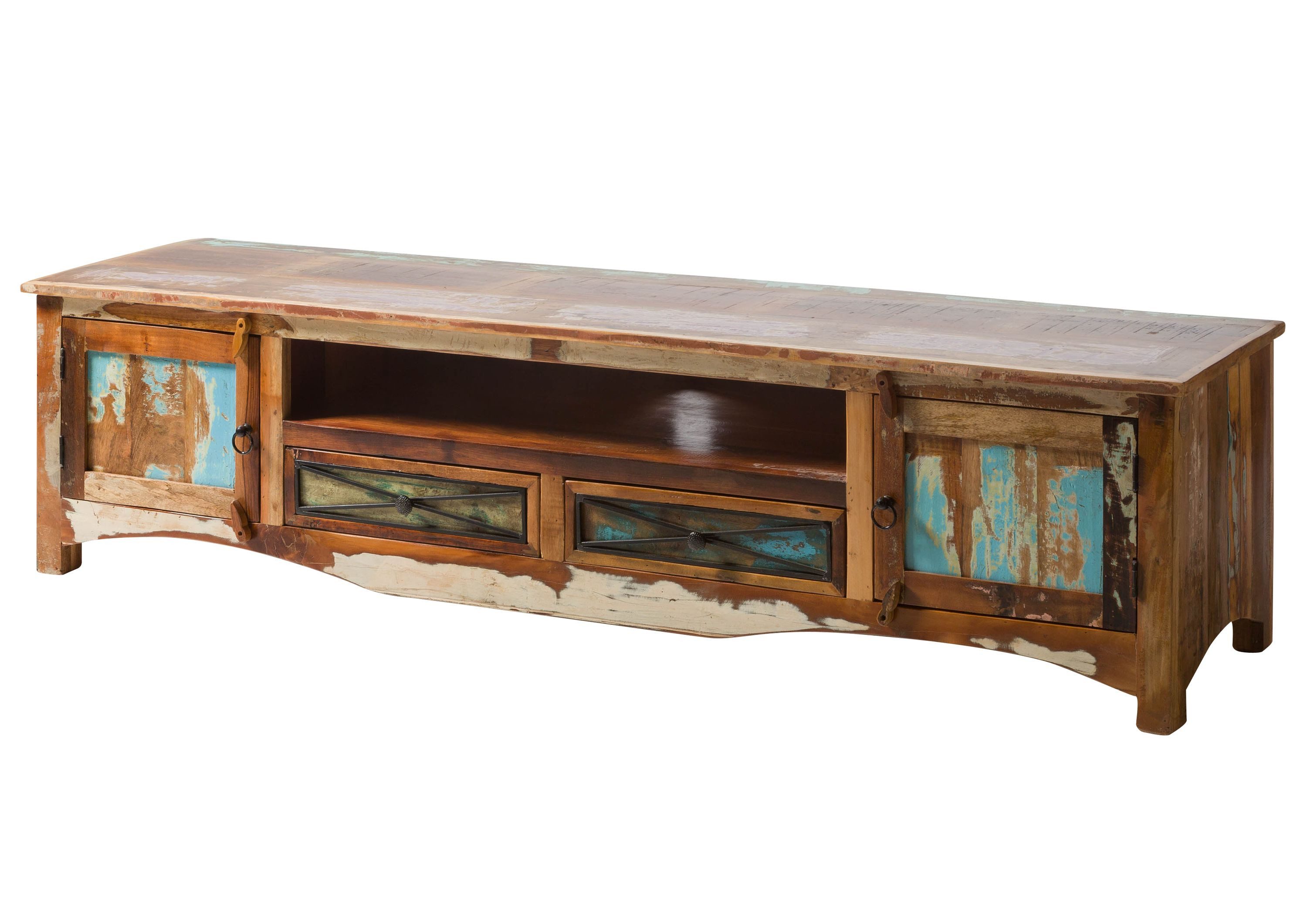 Massivmoebel24 TV-Board NATURE OF SPIRIT Altholz Massivholz mehrfarbig (Massivholz montiert 66 kg NATURE OF SPIRIT #137), Altholz 200x50x50 cm (BxTxH) mehrfarbig lackiert