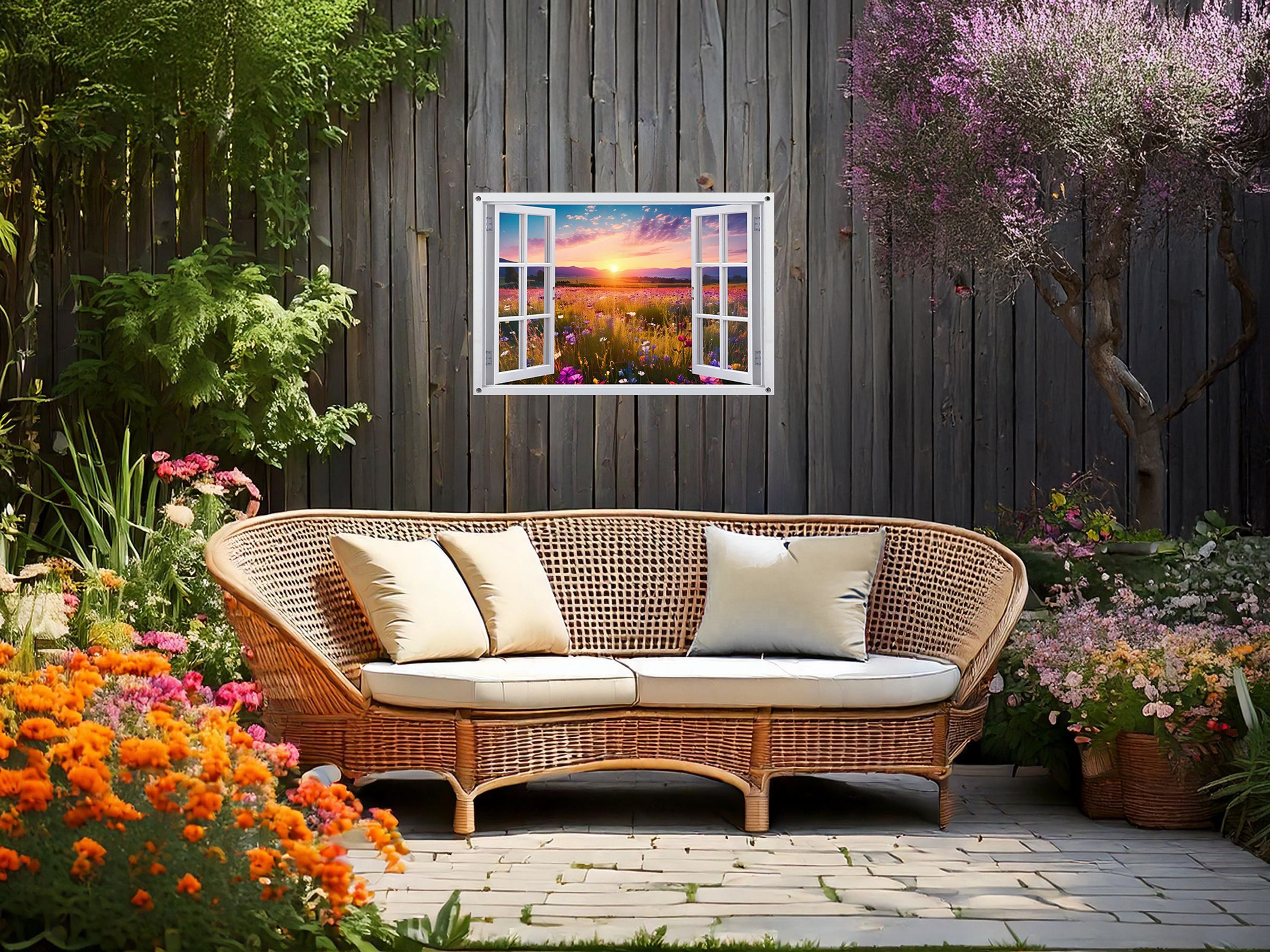 artissimo Poster Garten-Poster 90x60cm Gartenfenster Blumenwiese Outdoor-Deko, MIT STABILEN METALLÖSEN: Einfaches Aufhängen als Outdoor-Wandbild, Gartenbanner oder Sichtschutz.