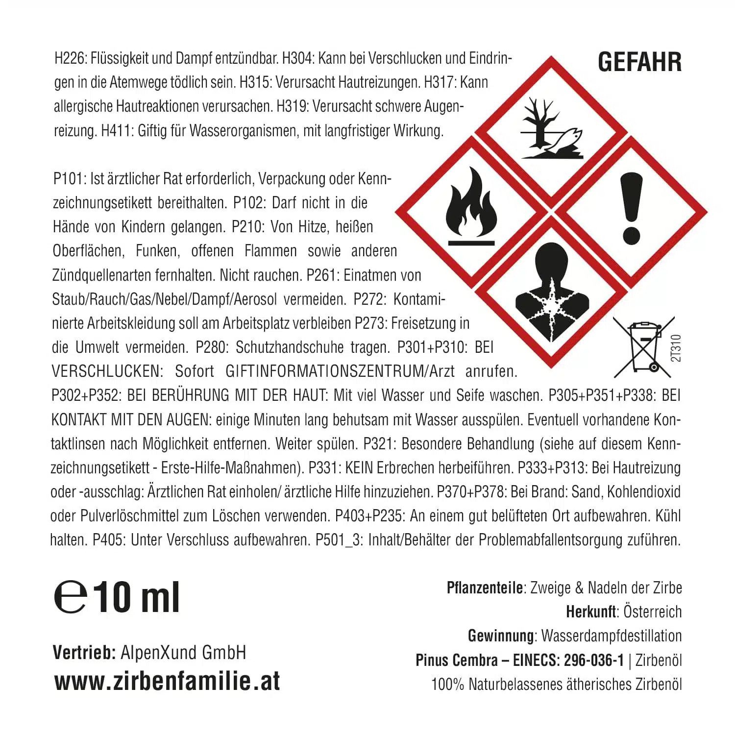 Zirbenfamilie Duftöl Zirbenöl 10ml Zirbenfamilie (1 Fläschchen, 1-St., 1 Fläschchen), frischer Zirbenduft