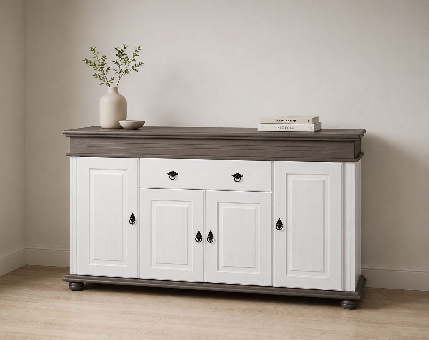 Inter Link Sideboard Halmaro, Kiefer Massivholz, Soft-close, 181 x 46 x 100 cm, Stauraum (1 St), Kommode in Weiss, Grau/Lava, Landhausstil, 4 Türen, 1 Schublade