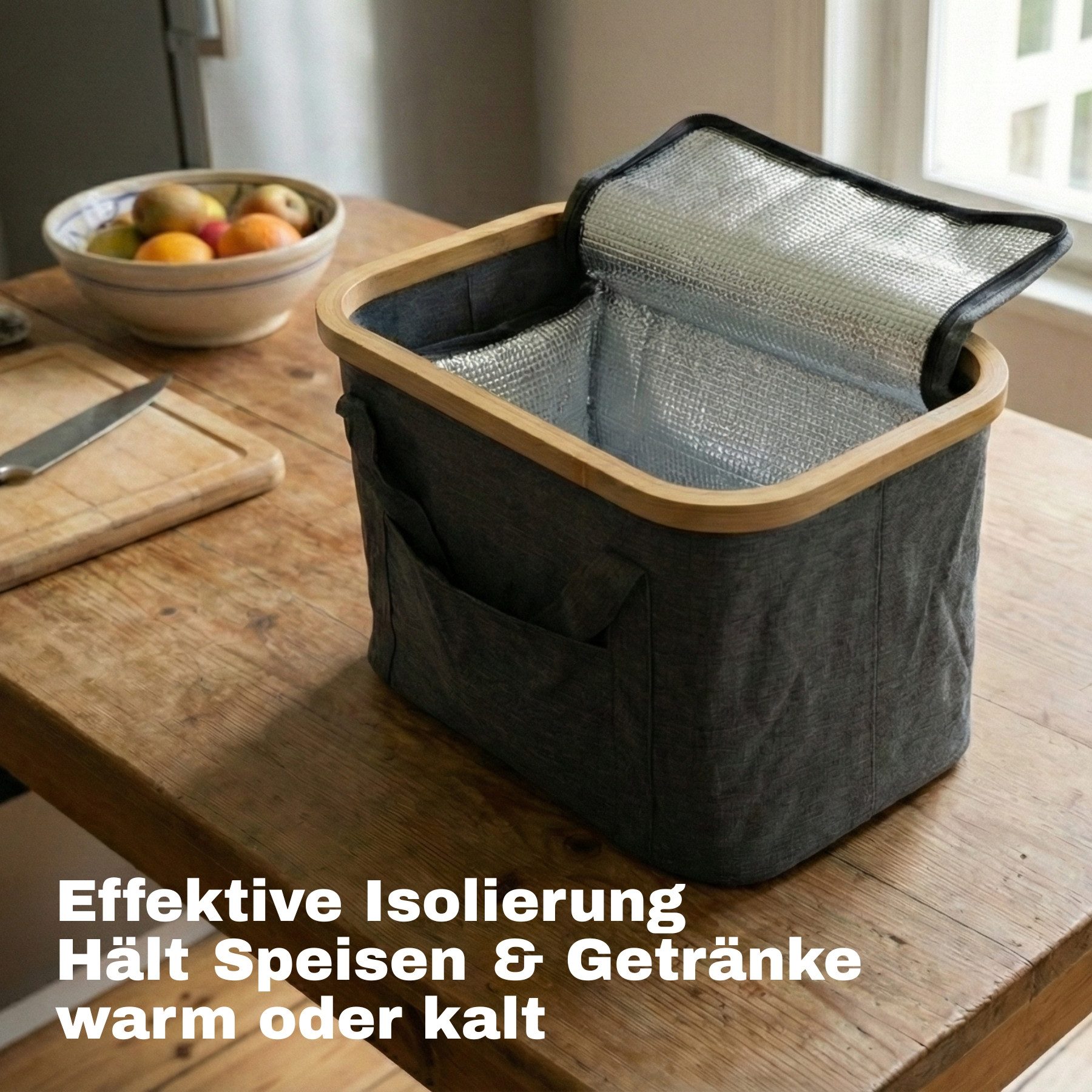 BigDean Picknickkorb 2-in-1 mit herausnehmbarer Kühltasche und Bambusdeckel (Set, 1 St., Picknickkorb), Faltbar, Vielseitig, Abwaschbar