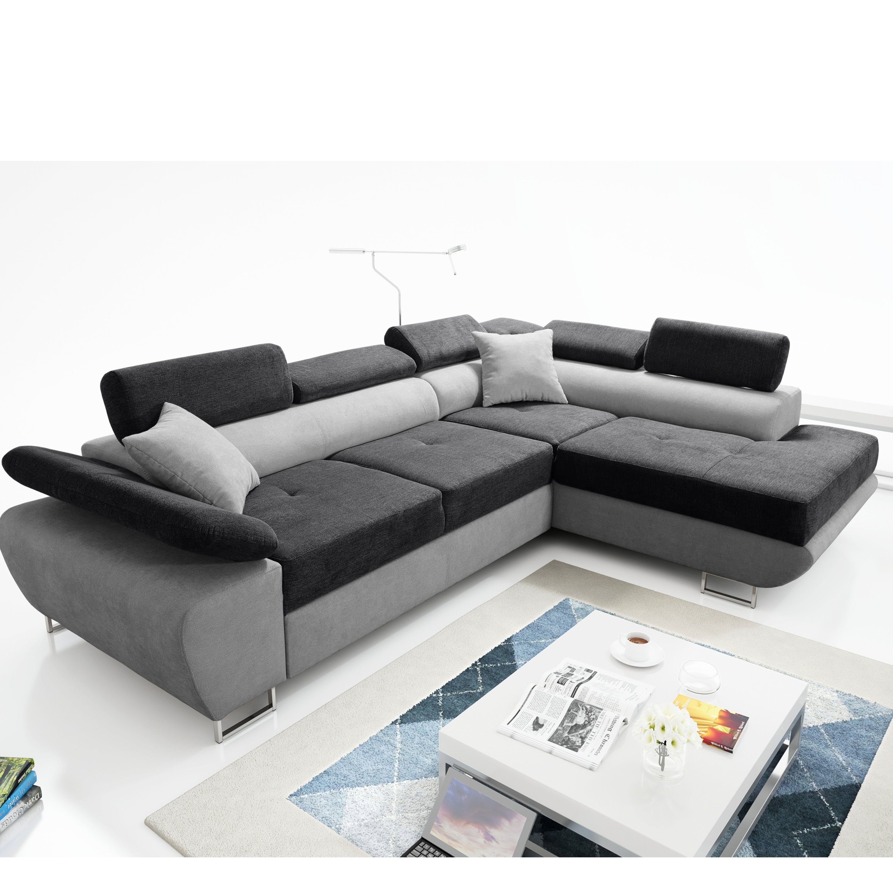 robin Ecksofa BLACK+SILVER Schlaffunktion Verstellbare Sofa Kopfstützen Wenus Bettkasten Premium