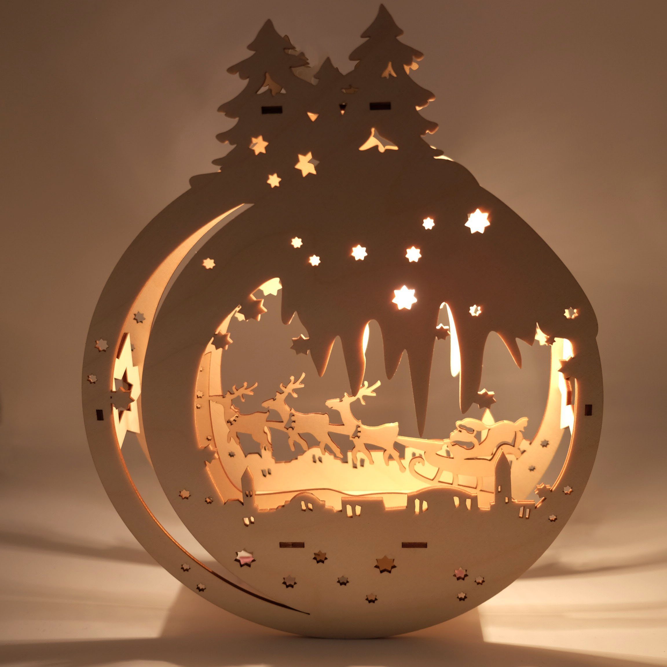 DeColibri Beleuchtetes Fensterbild Fensterbild Weihnachten "Rentierschlitten Weihnachtsmann" beleuchtet, Holzkunst aus Sachsen, beleuchtet