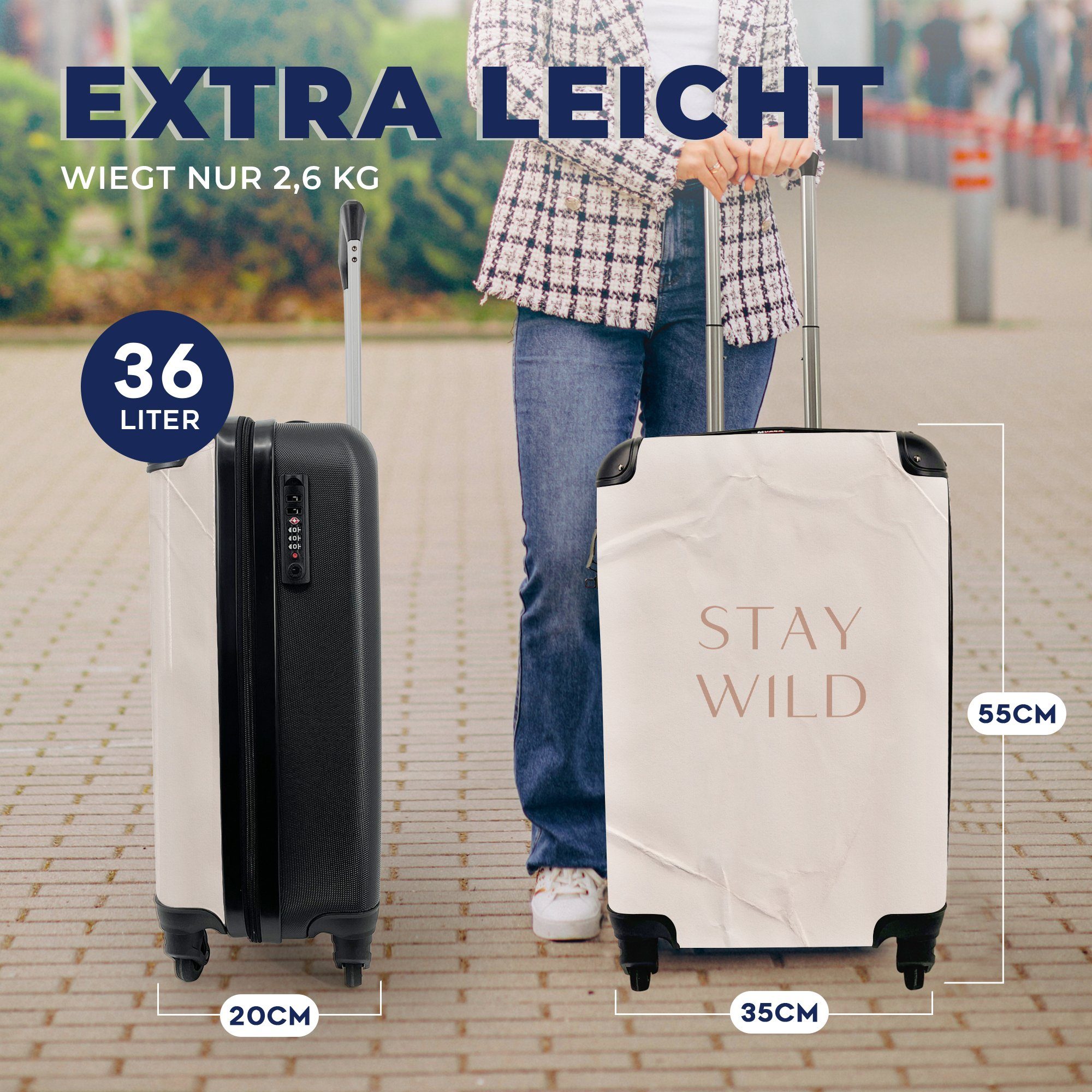 Wild rollen, Text mit Ferien, Reisekoffer Handgepäck MuchoWow - für - 4 Handgepäckkoffer Rollen, Reisetasche Trolley, bleiben, Zitate