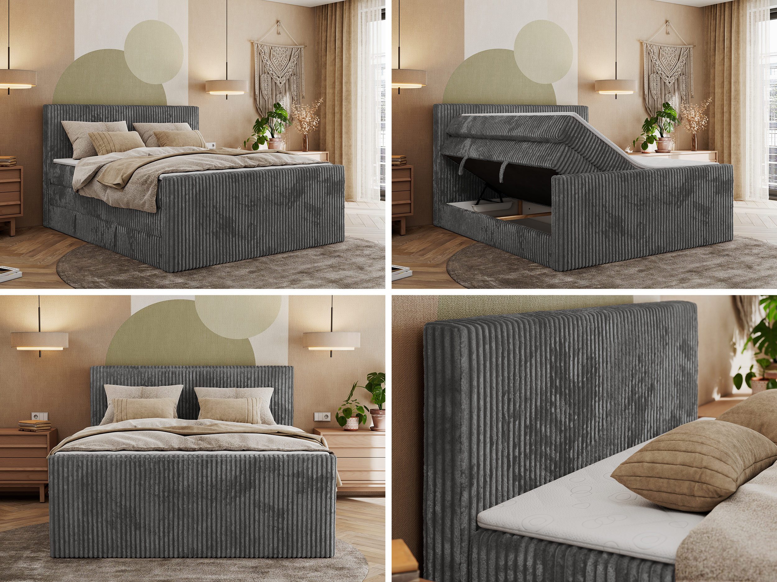 MKS MÖBEL Boxspringbett TILIANO KING DUO (Packung, Set, Polsterbett, T30-Schaum, Cord Bett, Topper T25), Doppelbett mit Multipocket-Matratzen, Zwei Bettkästen, mit Fußteil