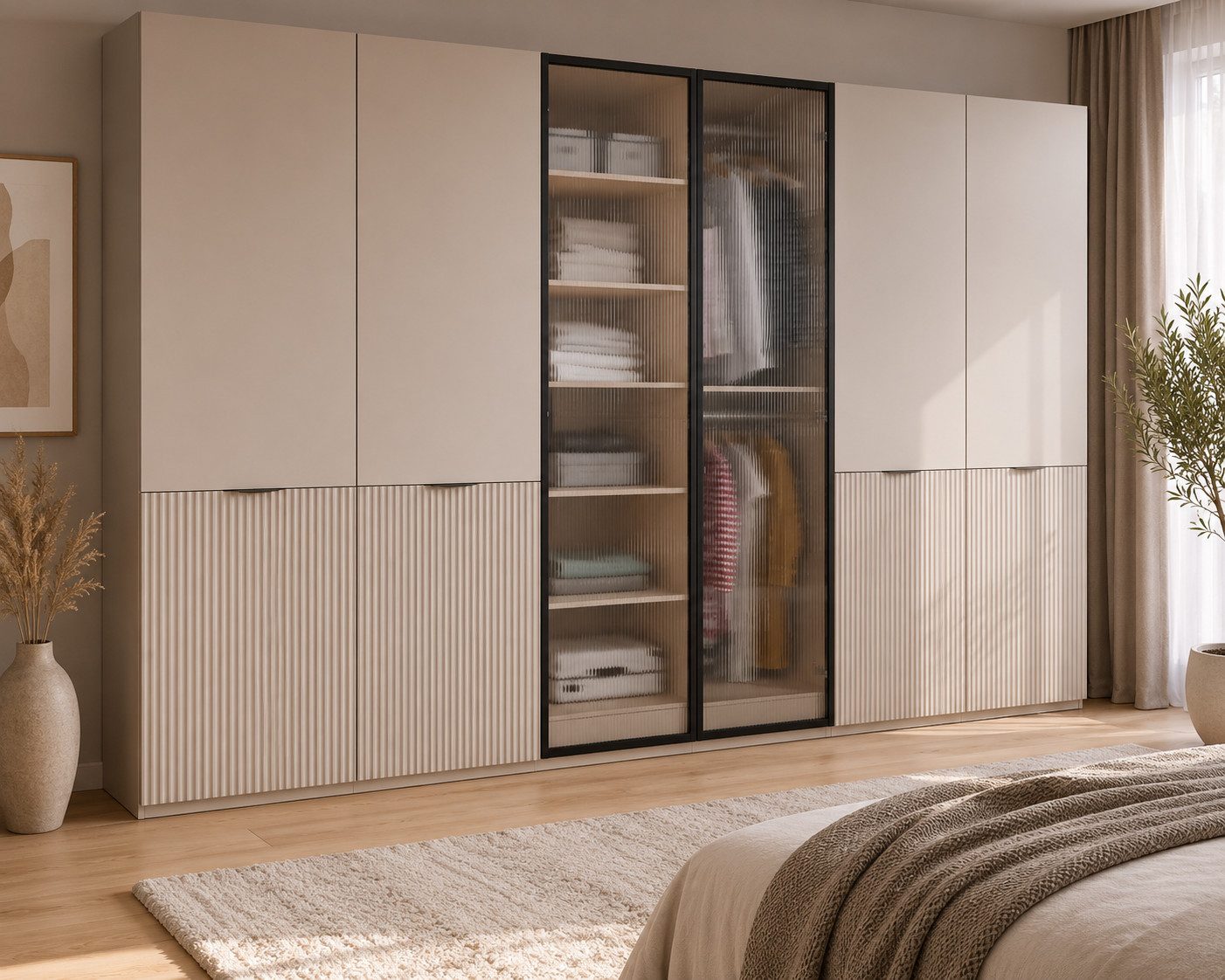 MOEBLO Drehtürenschrank MINEWRA FLUTES 300 (6-türiger Kleiderschrank mit eleganten Glastüren, Moderner Schrank für Schlafzimmer und Garderobe, Robustes Design mit Rillenschliff-Glas und gefrästen Paneelen, Breite: 303 cm, Höhe: 200 cm, Tiefe: 49 cm, mit Glastüren)