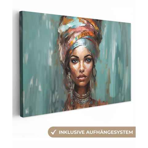 OneMillionCanvasses® Leinwandbild Frau - Kunst - Schmuck - Porträt, Blau, Bunt (1 St), Leinwand Bilder Klein, Wand Dekoration 30x20 cm