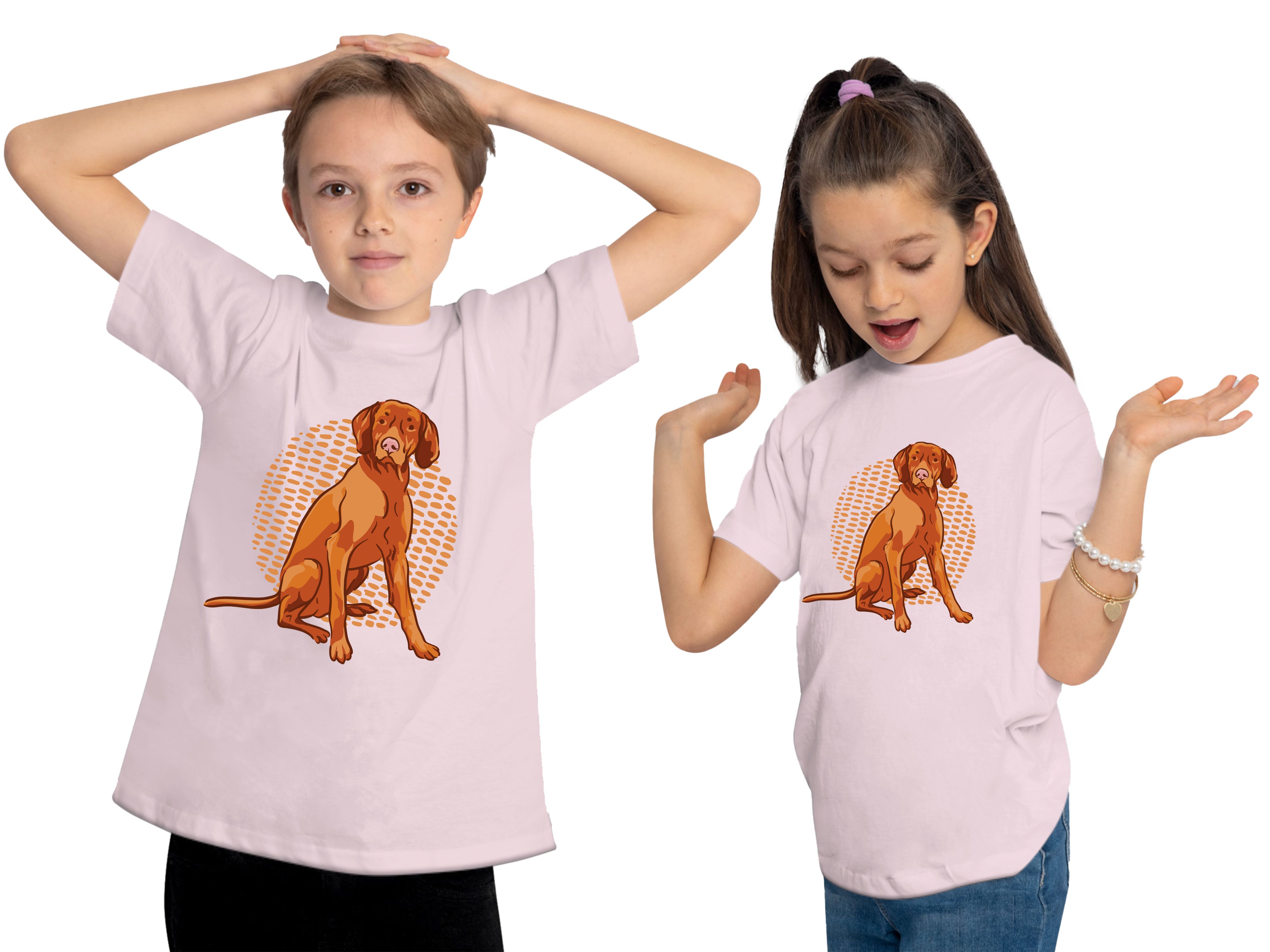 Shirt bedruckt rosa brauner Print T-Shirt Aufdruck, Hund Baumwollshirt Kinder Hunde - i257 Sitzender MyDesign24 mit