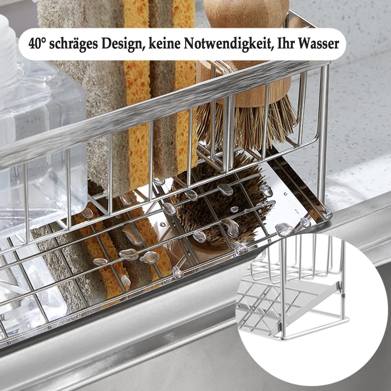 NUODWELL Küchenorganizer-Set multifunktional 304 Silber für Schwammhalter, Küchenspüle Edelstahl