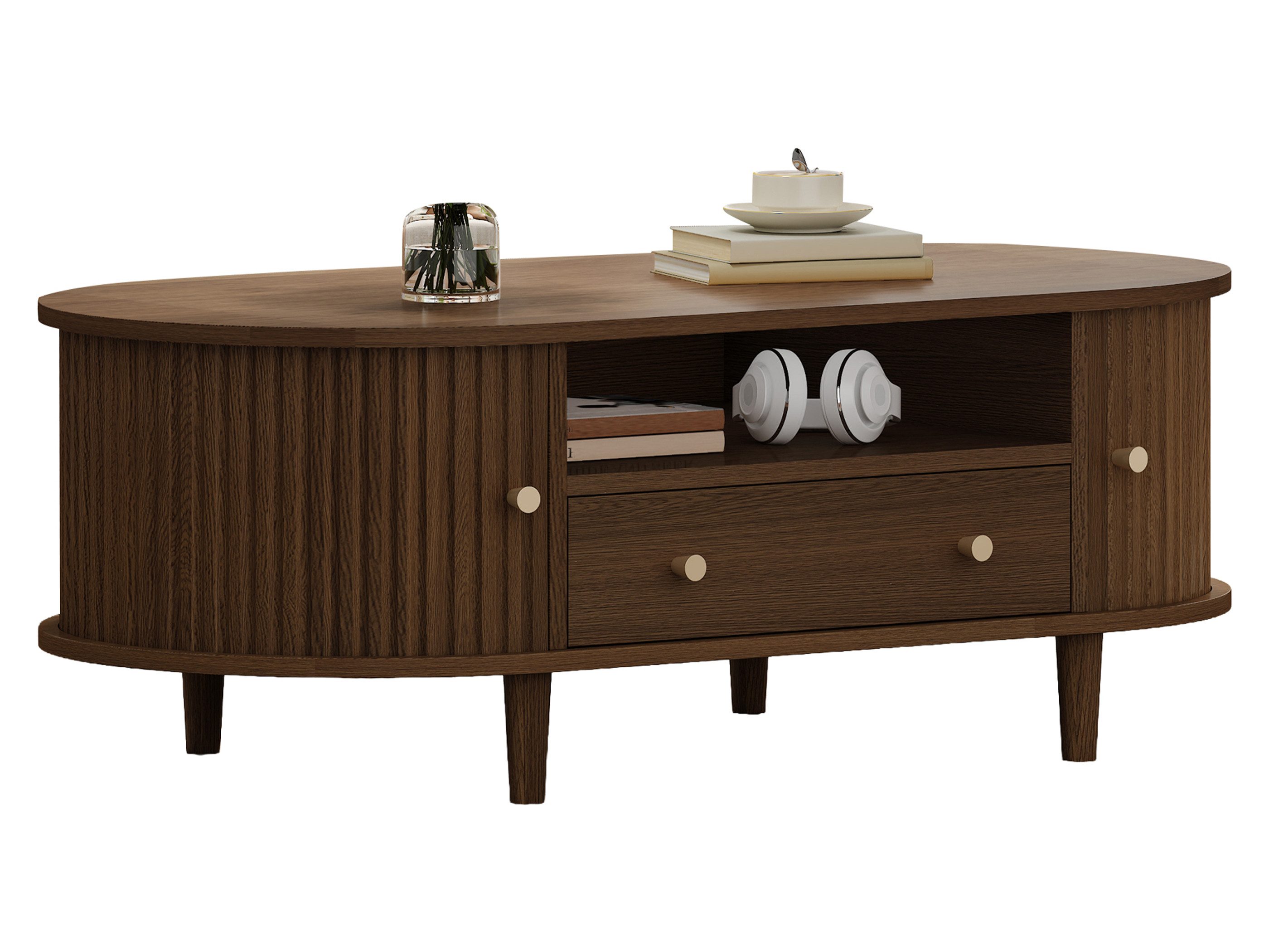 SeedWave Couchtisch Ovaler Sofatisch 100cm Im Holzoptik, mit Schiebetüren, Stauraum, Schublade & offenen Fächer, Wohnzimmertisch mit stabilen Beinen
