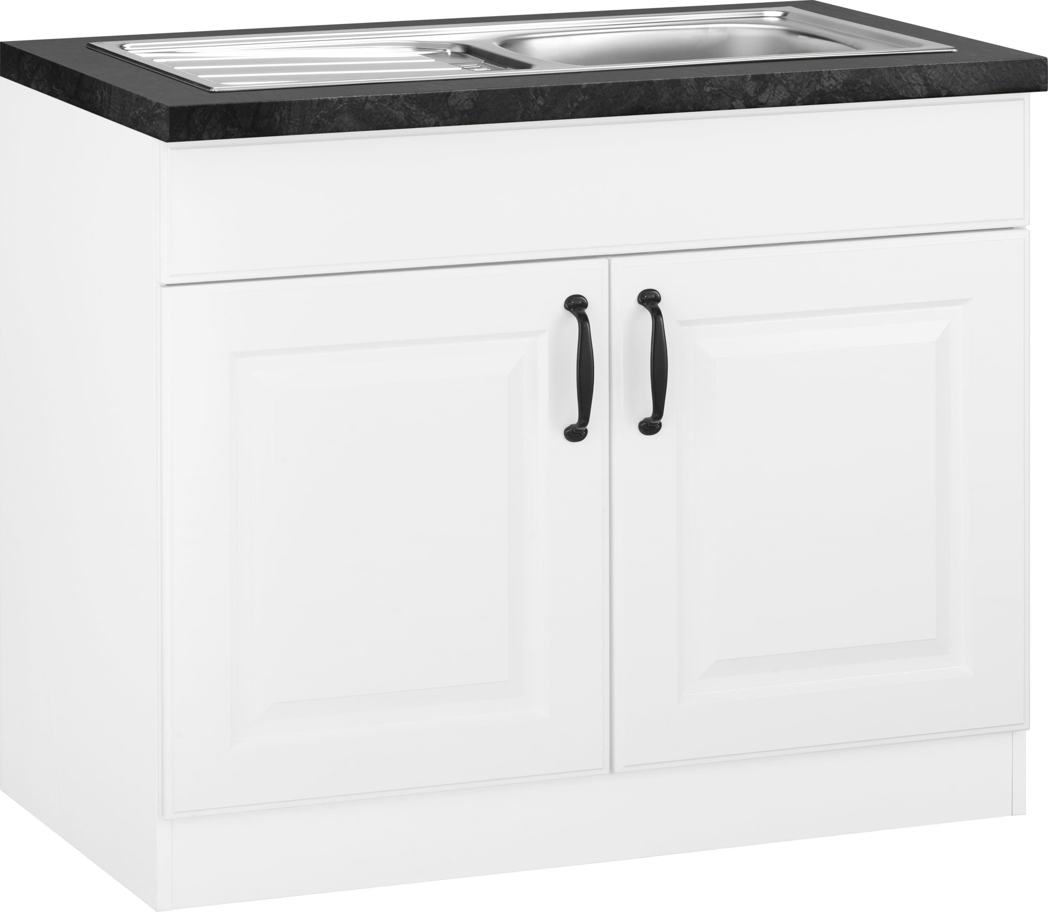 wiho Küchen Spülenschrank Erla 100 cm breit mit Kassettenfront weiß/granit schwarz | weiß