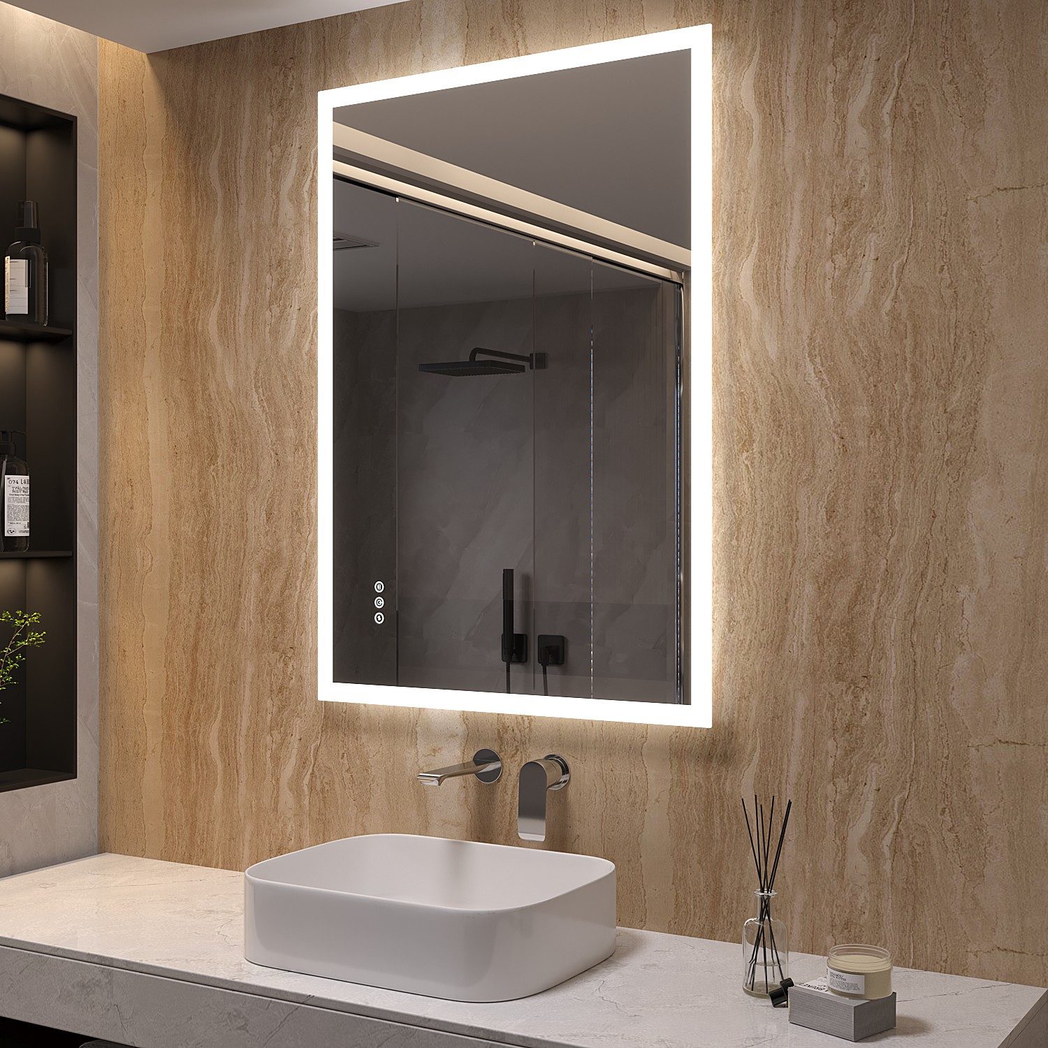 AQUALAVOS Badspiegel LED Wandspiegel 100x70 cm intelligent Spiegel für Badezimmer IP44, 2 Lichtfarbe Warmweiß/Kaltweiß, Touch-Sensor+Wandschalter+Beschlagfrei
