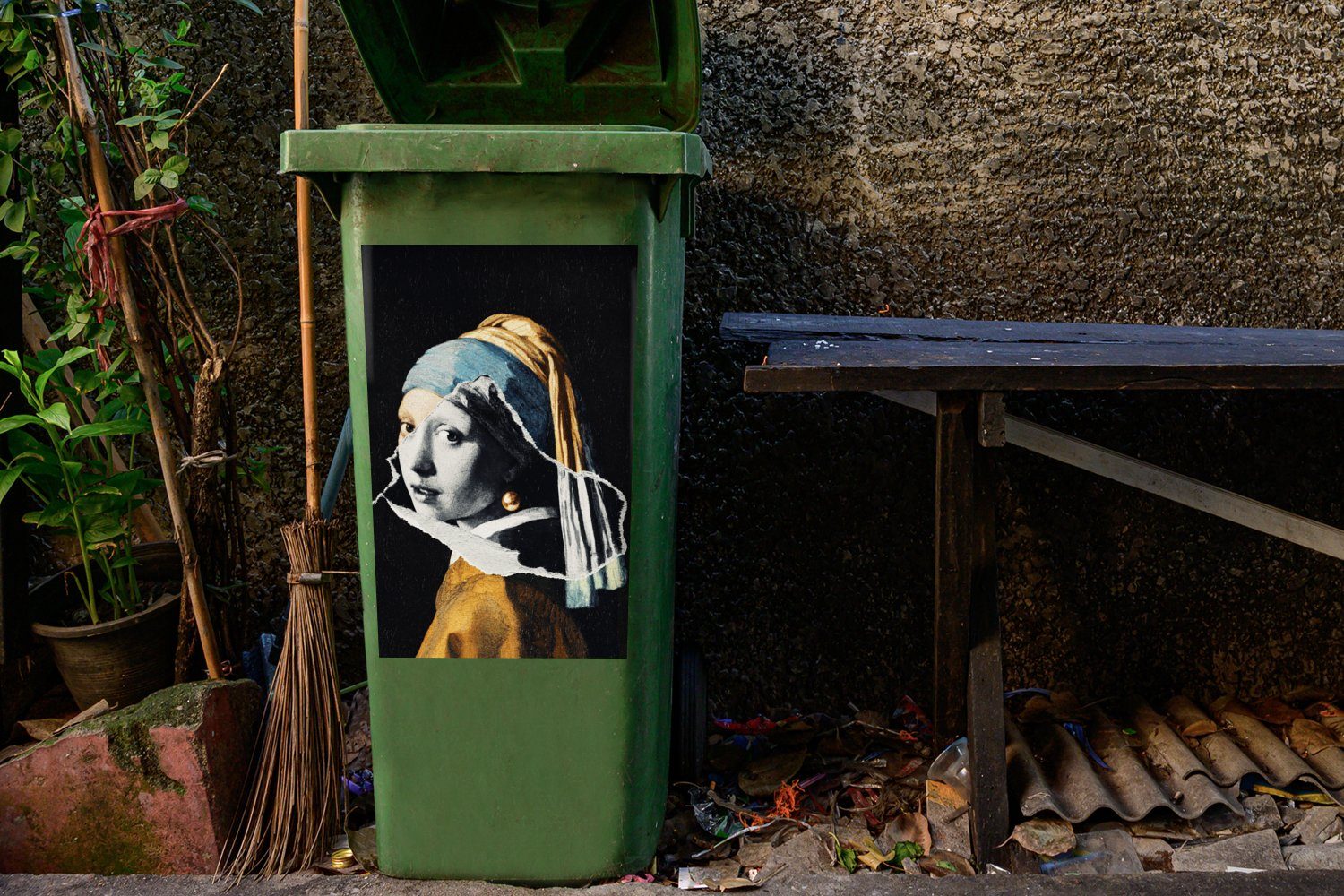 St), Mülleimer-aufkleber, Schwarz Gold Abfalbehälter mit Mädchen Container, - MuchoWow - - Perlenohrring Sticker, Weiß Wandsticker Mülltonne, (1