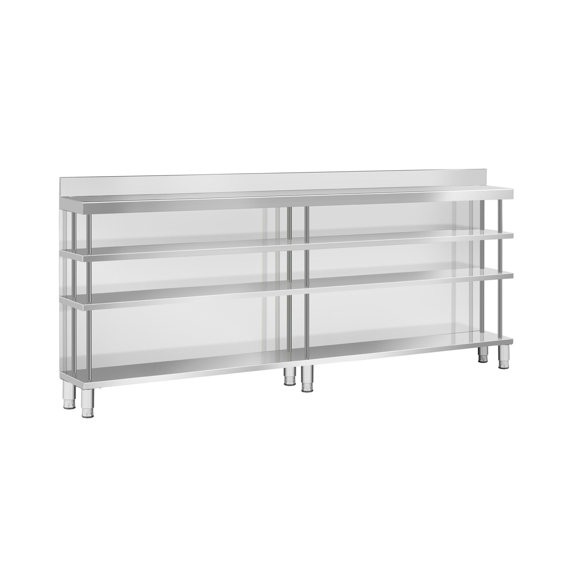 Royal Catering Arbeitstisch Bar-Arbeitstisch Edelstahl 250 x 30 cm 4 Ablagen Aufkantung