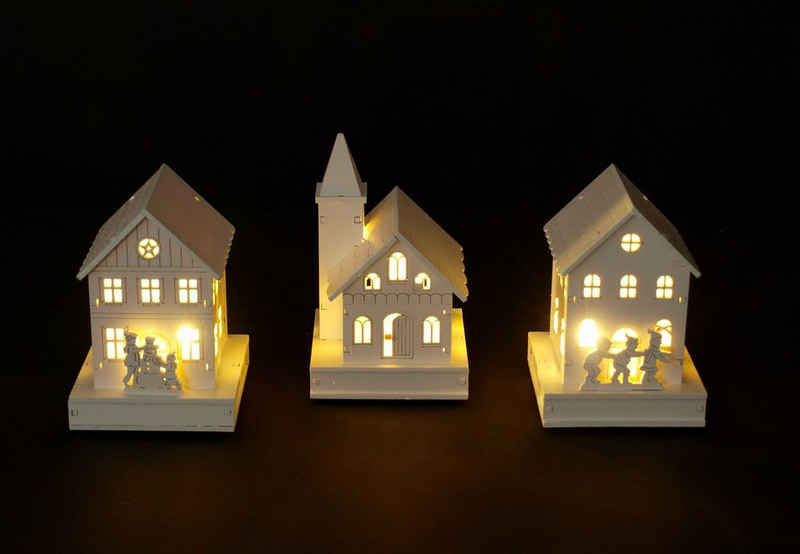 DEGAMO Weihnachtsdorf, 3-teilig mit LED Beleuchtung, Holz weiss