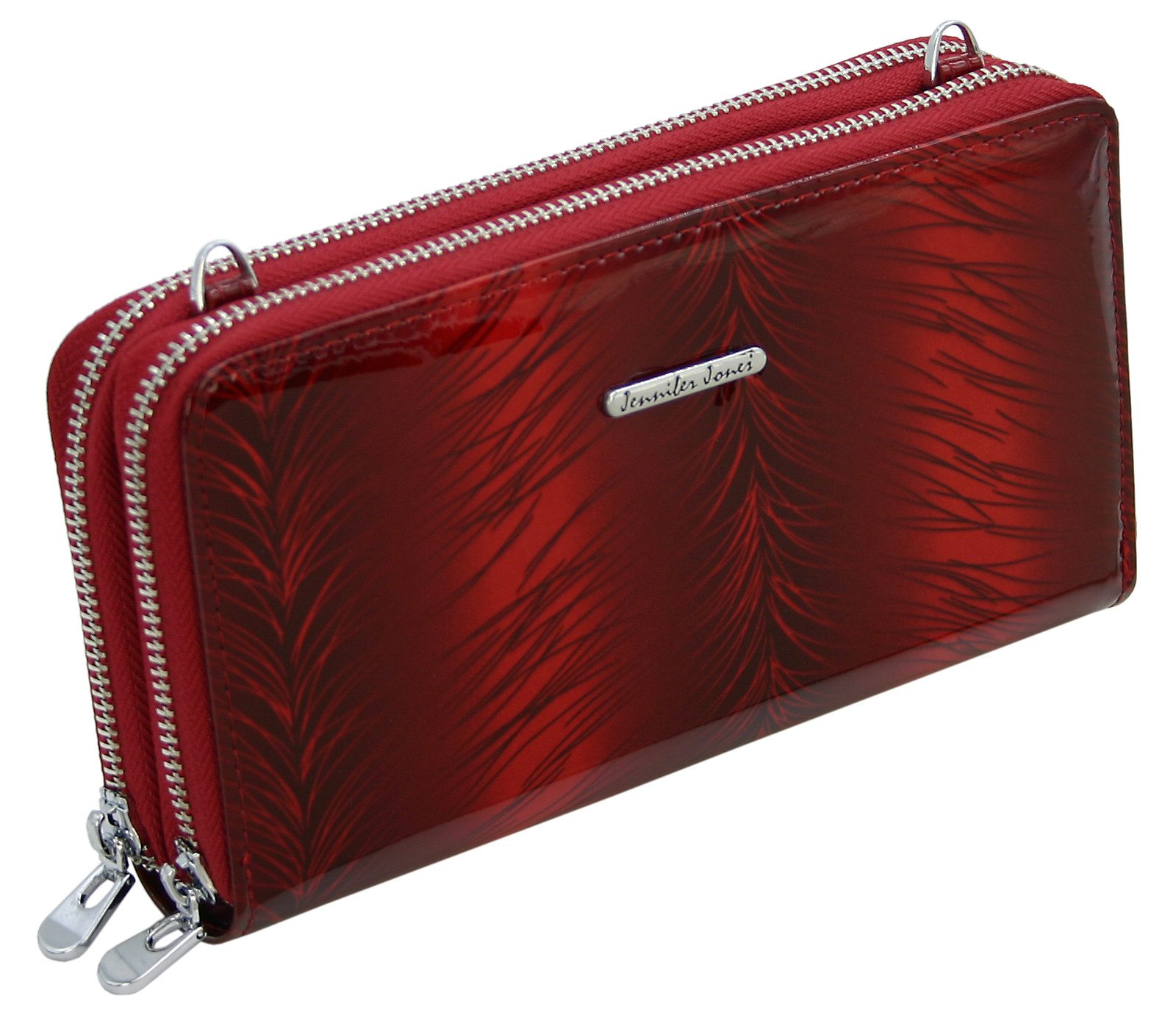 J JONES JENNIFER JONES Clutch Leder Geldbörse Schultertasche 2in1 elegant RFID-Schutz Gurt abnehmbar, Lackleder