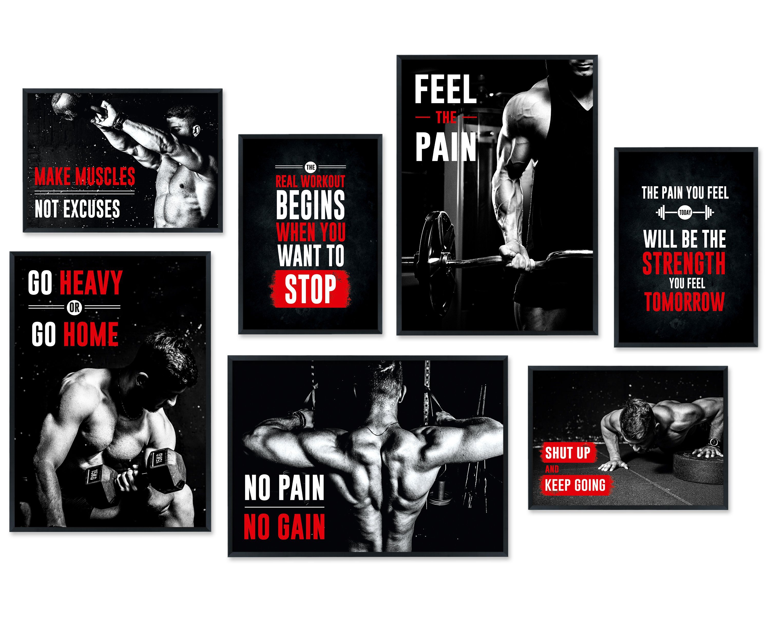 Hyggelig Home Плакат Sport Motivation - Premium Плакат Set OHNE & MIT Rahmen - 7 Wandbilder, Sprüche (Set, 7 St), Collage Fitness, Qualitätsdruck auf dickem Papier