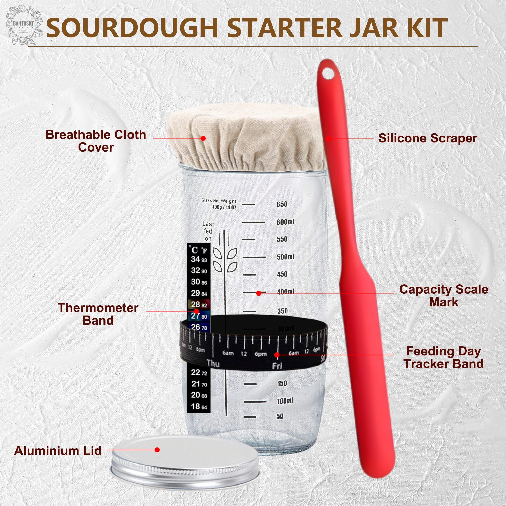 SURFOU Gärkorb 10-tlg Sauerteig Starter Set, Sauerteig Zubehör mit Gärkörbchen Rund, (Sauerteig Starter Set Komplett Set zum Brotbacken mit Rattan Gärkorb, Starterglas, Brotmesser und Zubehör für Anfänger und erfahrene Hobbybäcker 1-tlg)